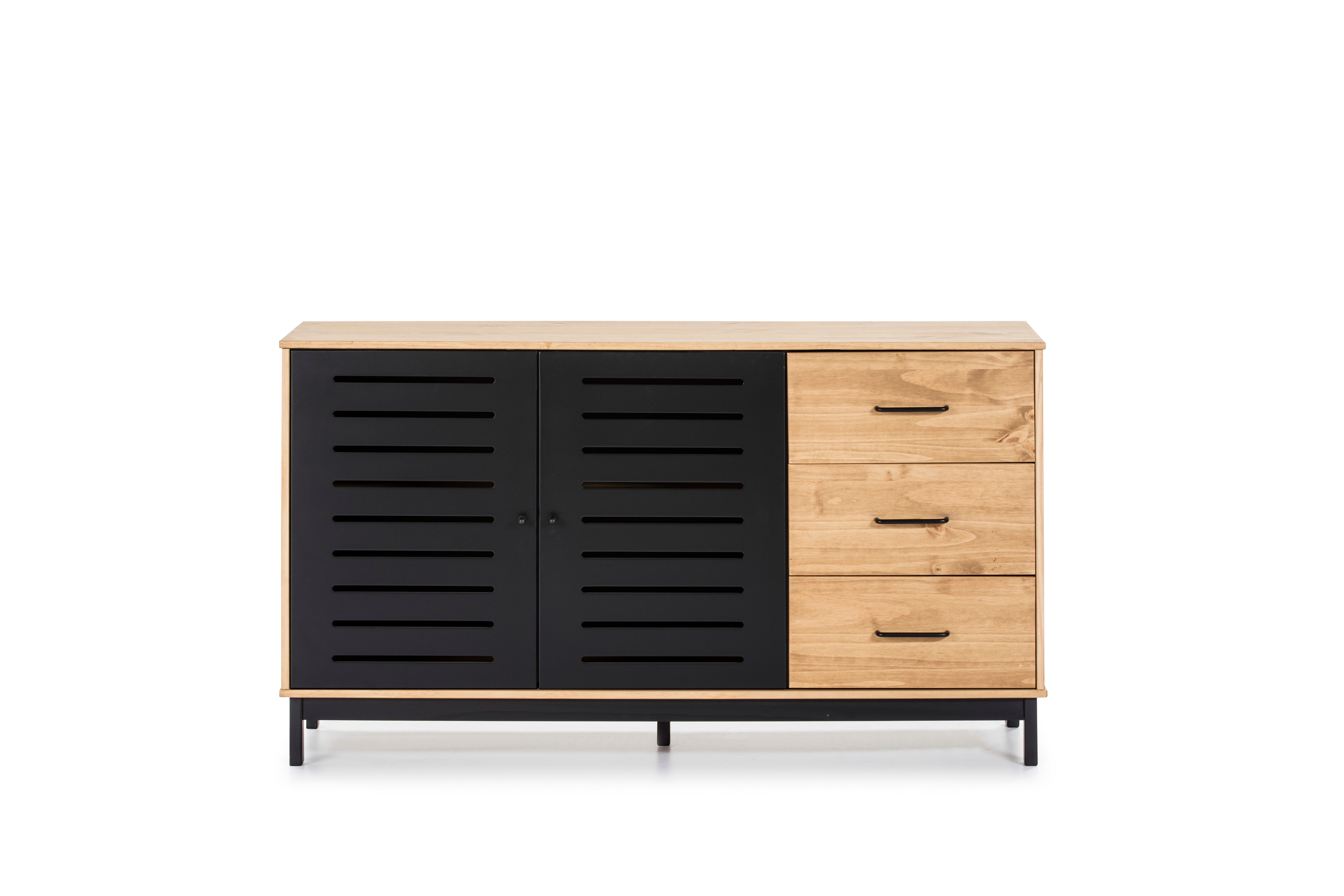 Aparador de Cocina Negro y Madera con 3 Cajones y 2 Puertas con Estructura de Madera