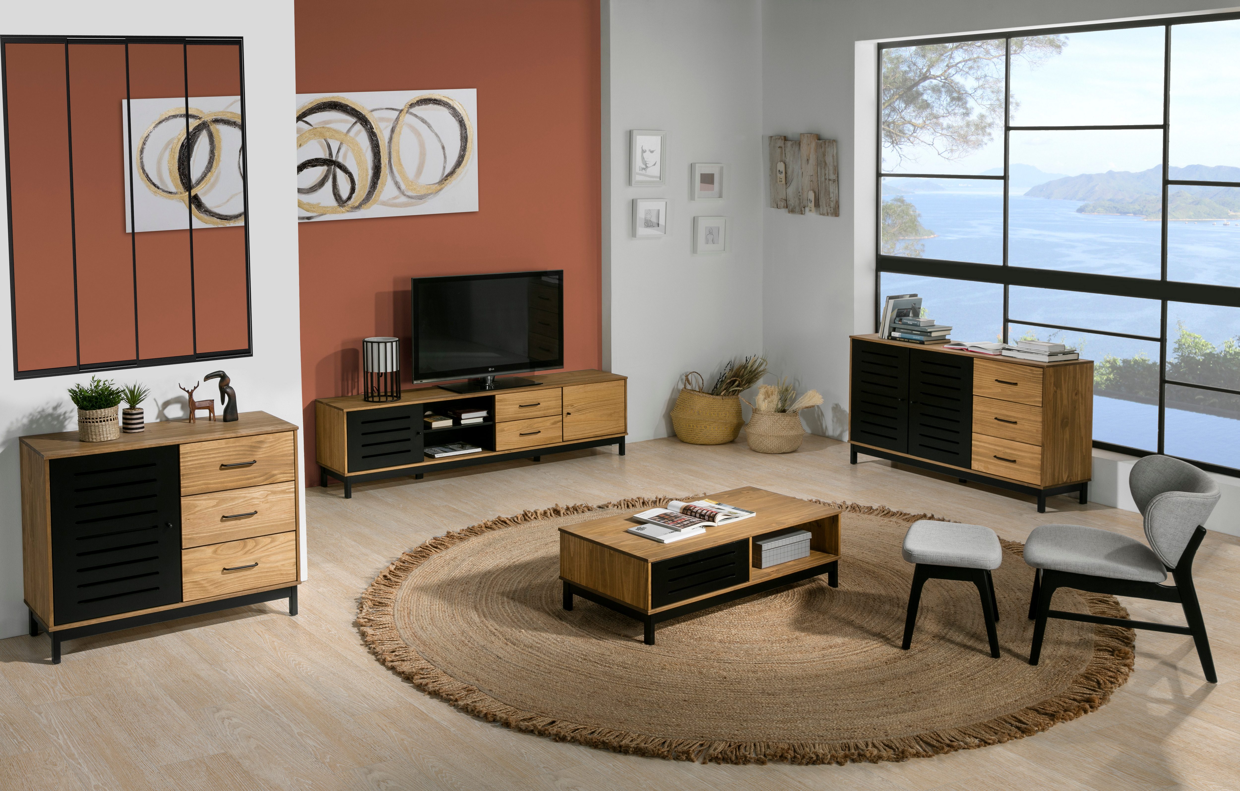 Aparador de Cocina Negro y Madera con 3 Cajones y 2 Puertas con Estructura de Madera