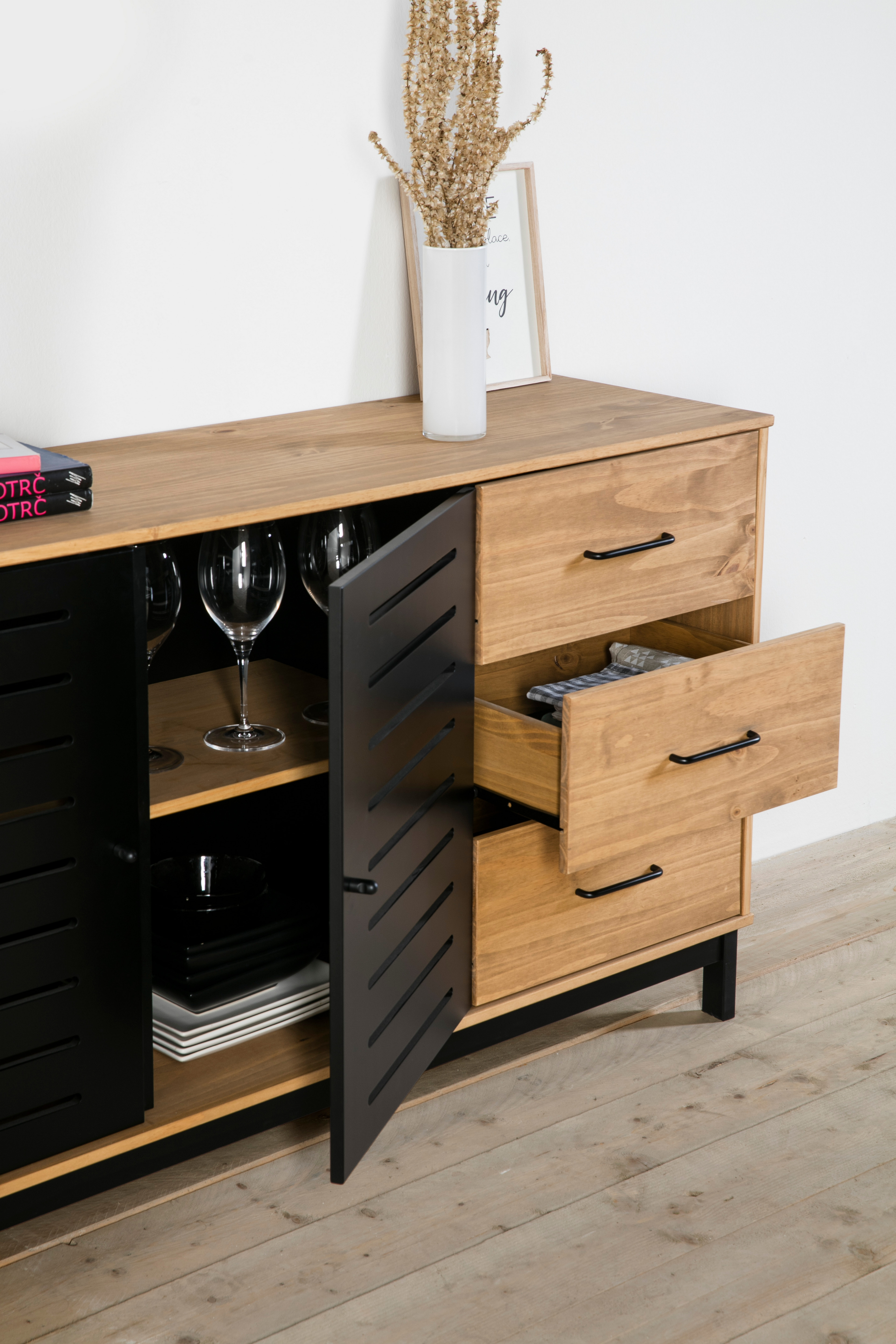 Aparador de Cocina Negro y Madera con 3 Cajones y 2 Puertas con Estructura de Madera