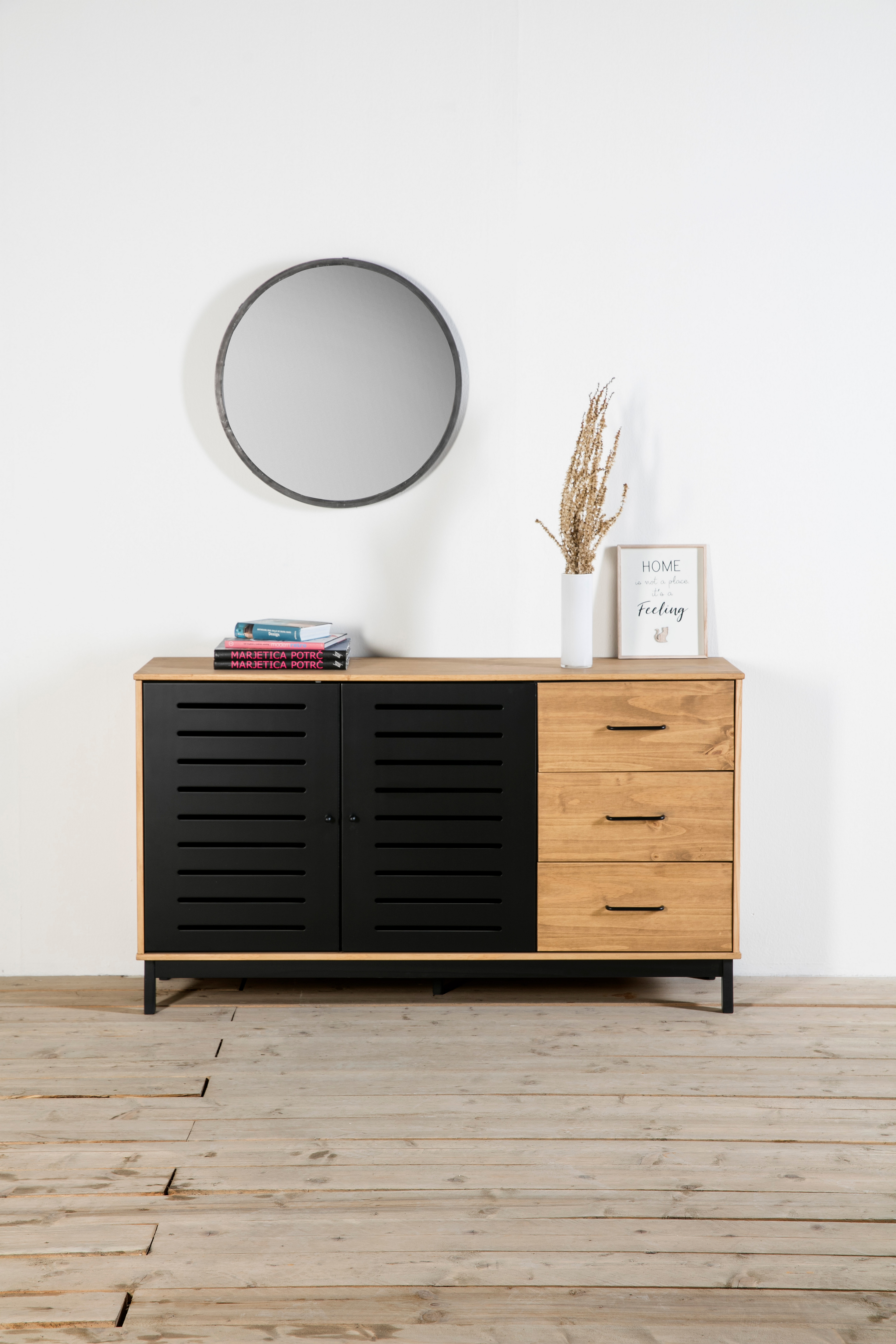 Aparador de Cocina Negro y Madera con 3 Cajones y 2 Puertas con Estructura de Madera