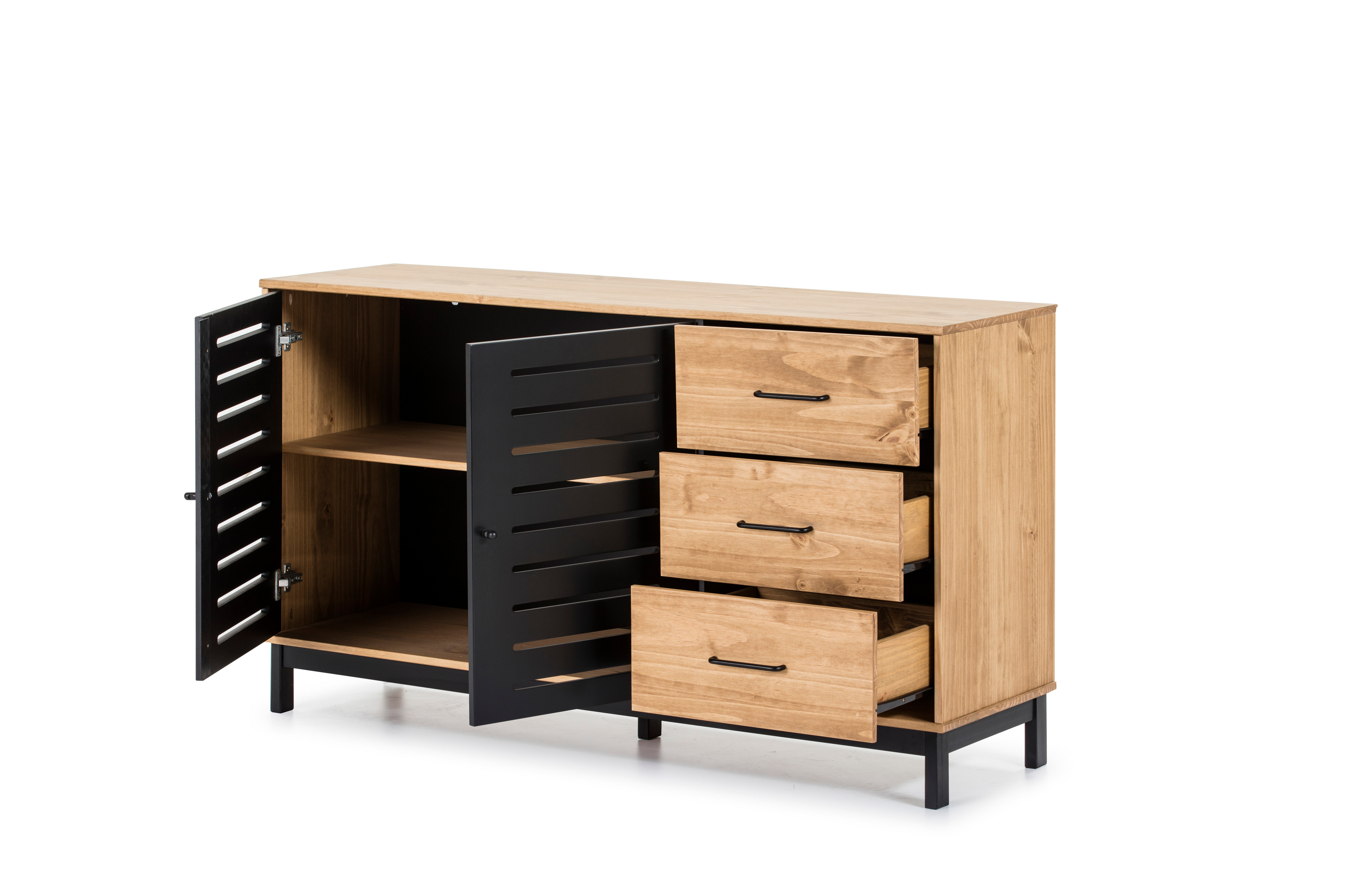 Aparador de Cocina Negro y Madera con 3 Cajones y 2 Puertas con Estructura de Madera