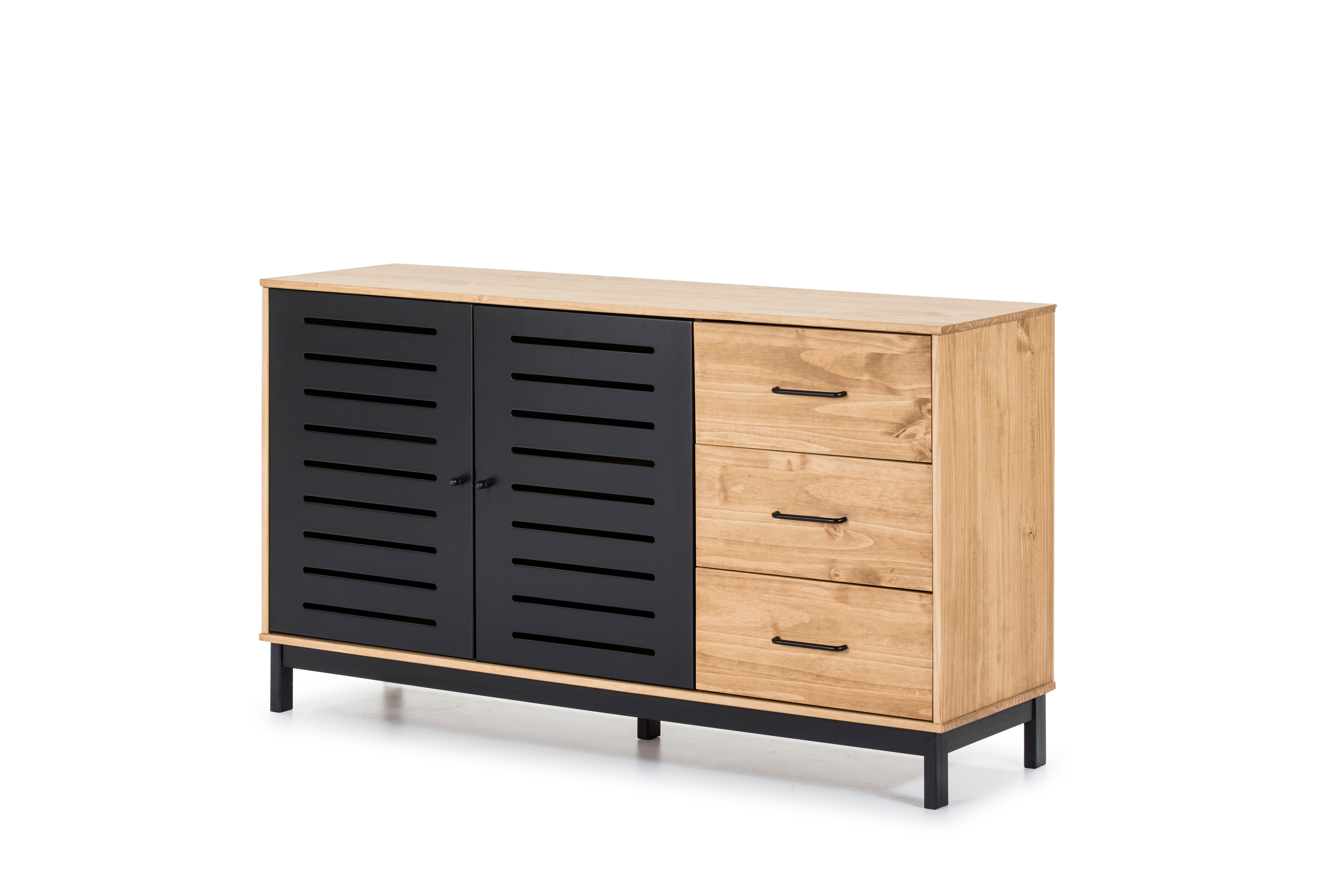 Aparador de Cocina Negro y Madera con 3 Cajones y 2 Puertas con Estructura de Madera