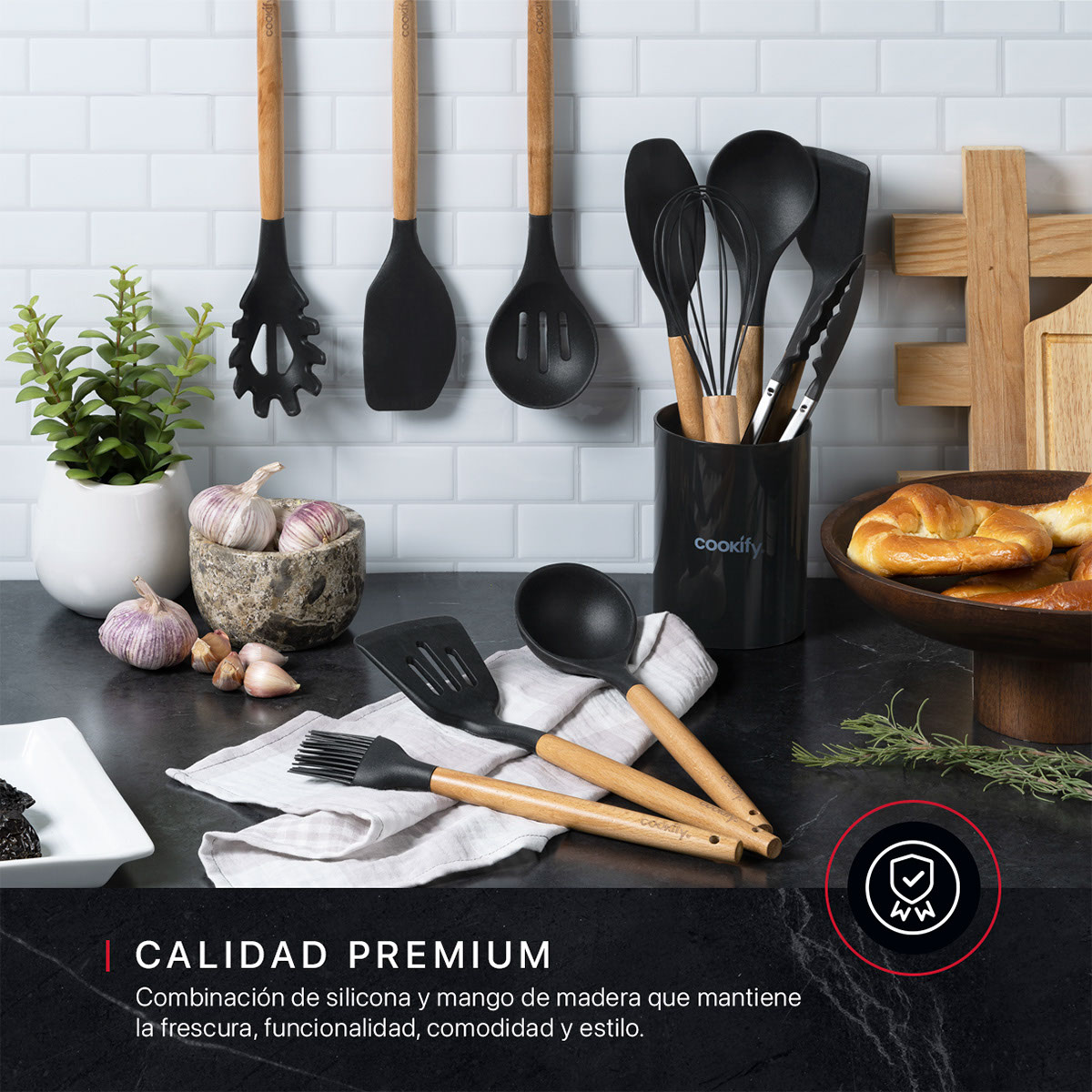 Utensilios de Cocina Set 12 Piezas de Madera y Silicona Juego de