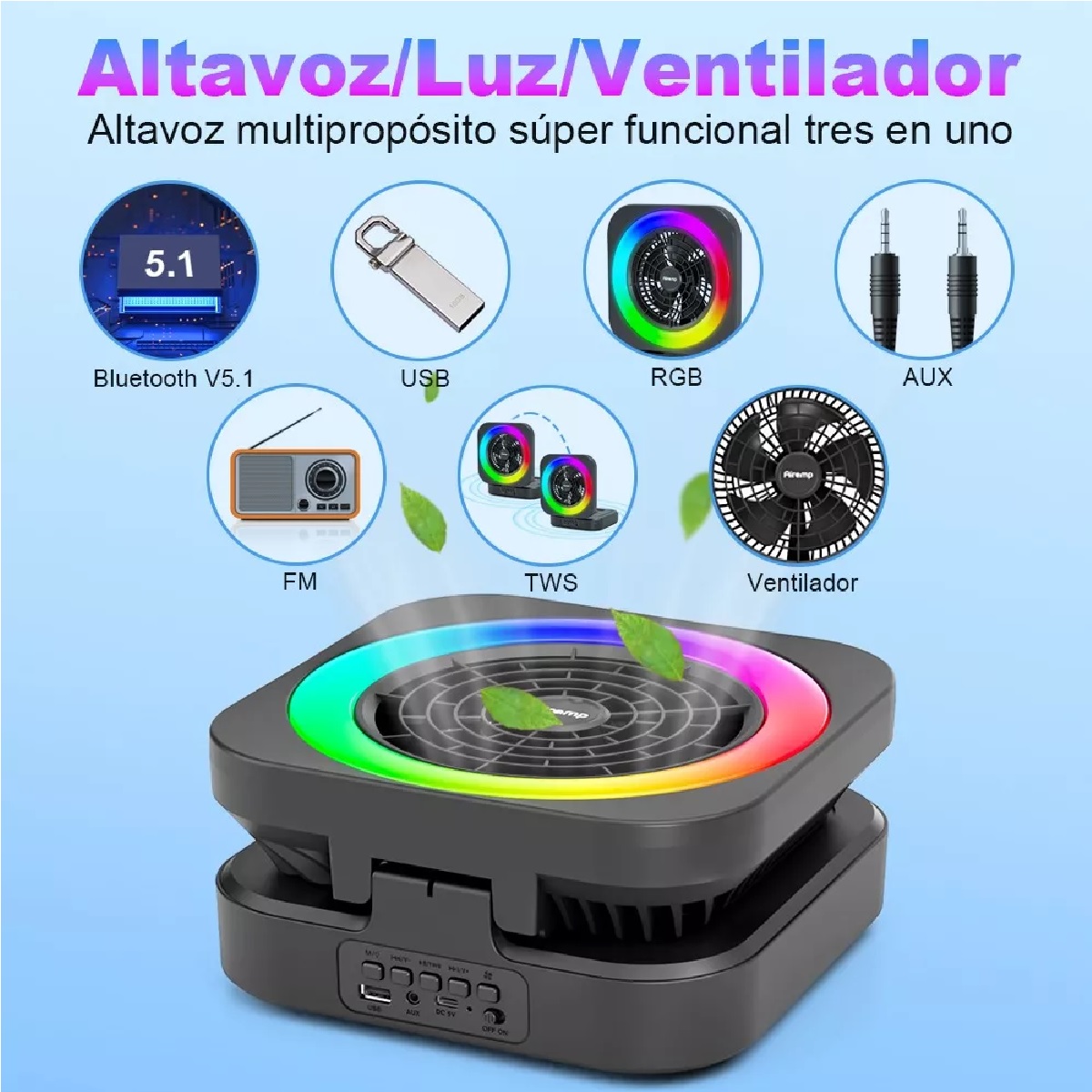 Bocina Bluetooth Portátil Multifuncional Con Ventilador Rgb Negro