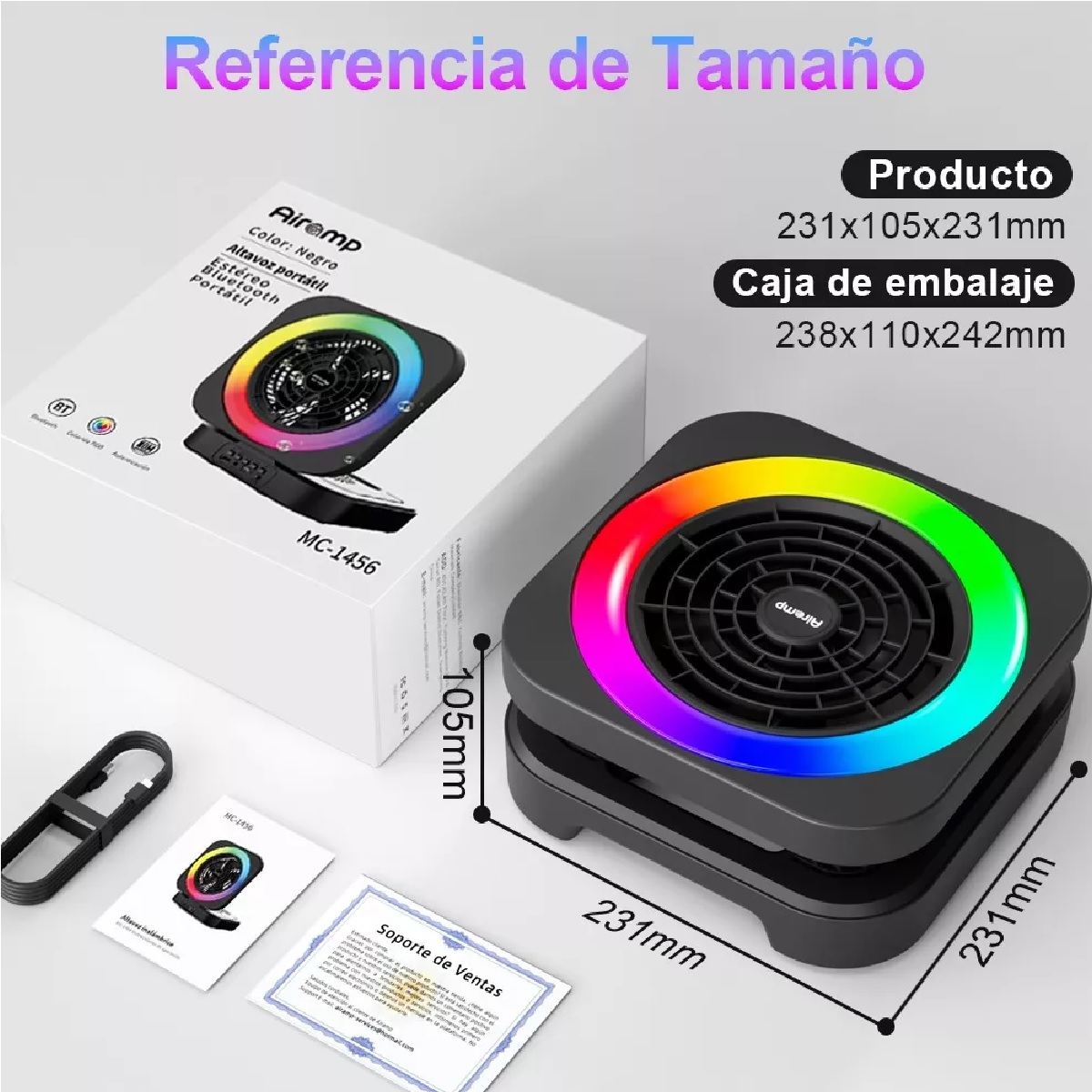 Bocina Bluetooth Portátil Multifuncional Con Ventilador Rgb Negro