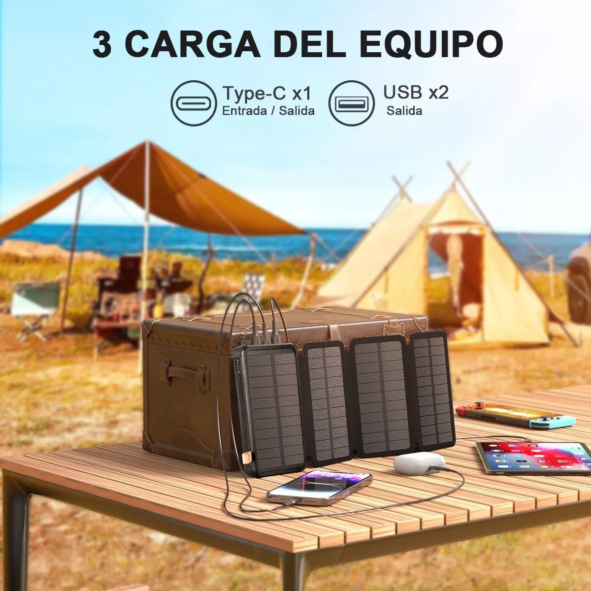 Power Bank Solar Portátil 30000mah Batería 4 Páneles Solares