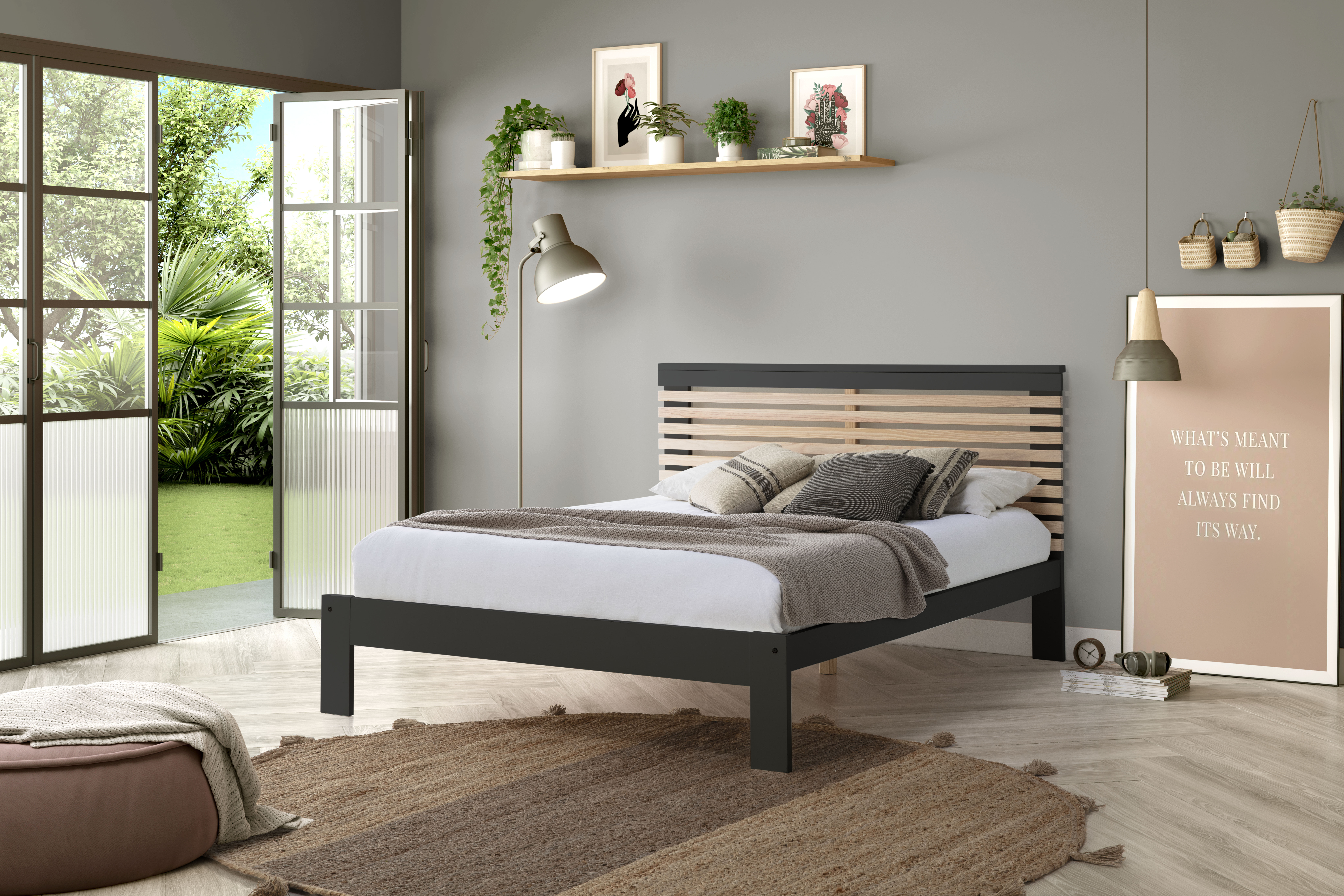 Cama Matrimonial Gris Oscuro y Madera Estructura de Madera Industrial