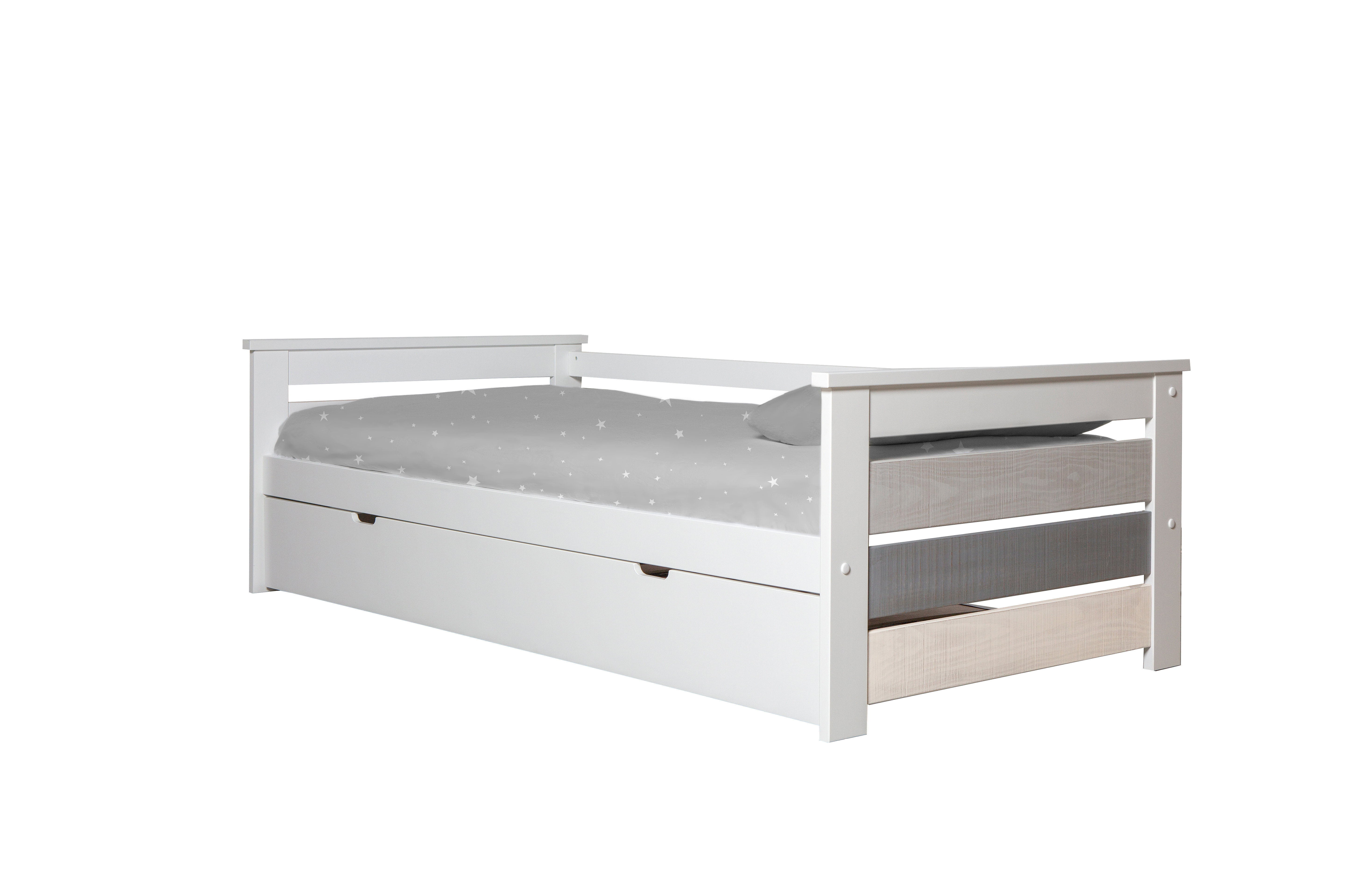 Cama Individual Blanca y Gris con Cama Oculta. Tablones de Madera Maciza y Estructura de Metal