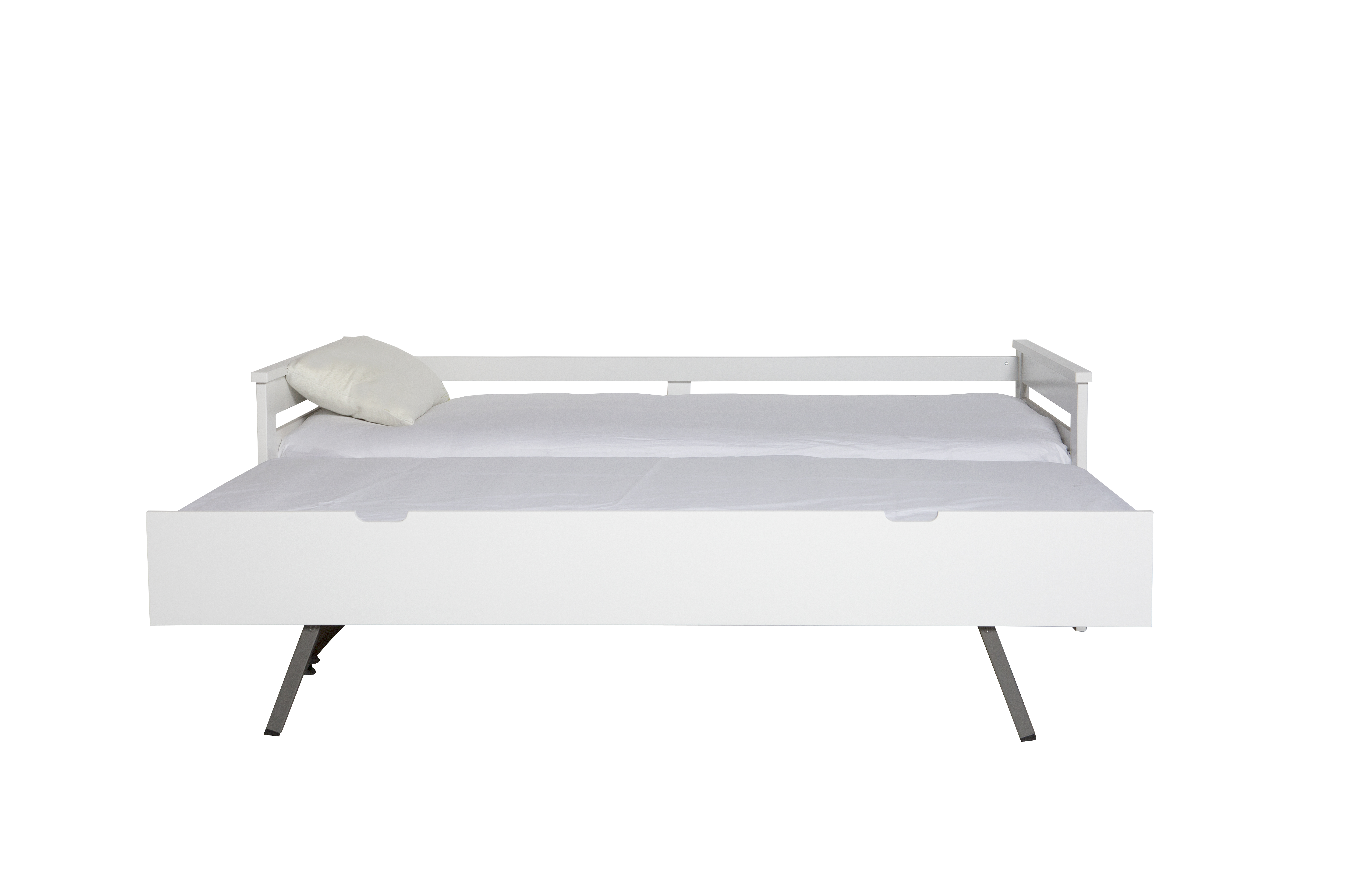 Cama Individual Blanca y Gris con Cama Oculta. Tablones de Madera Maciza y Estructura de Metal