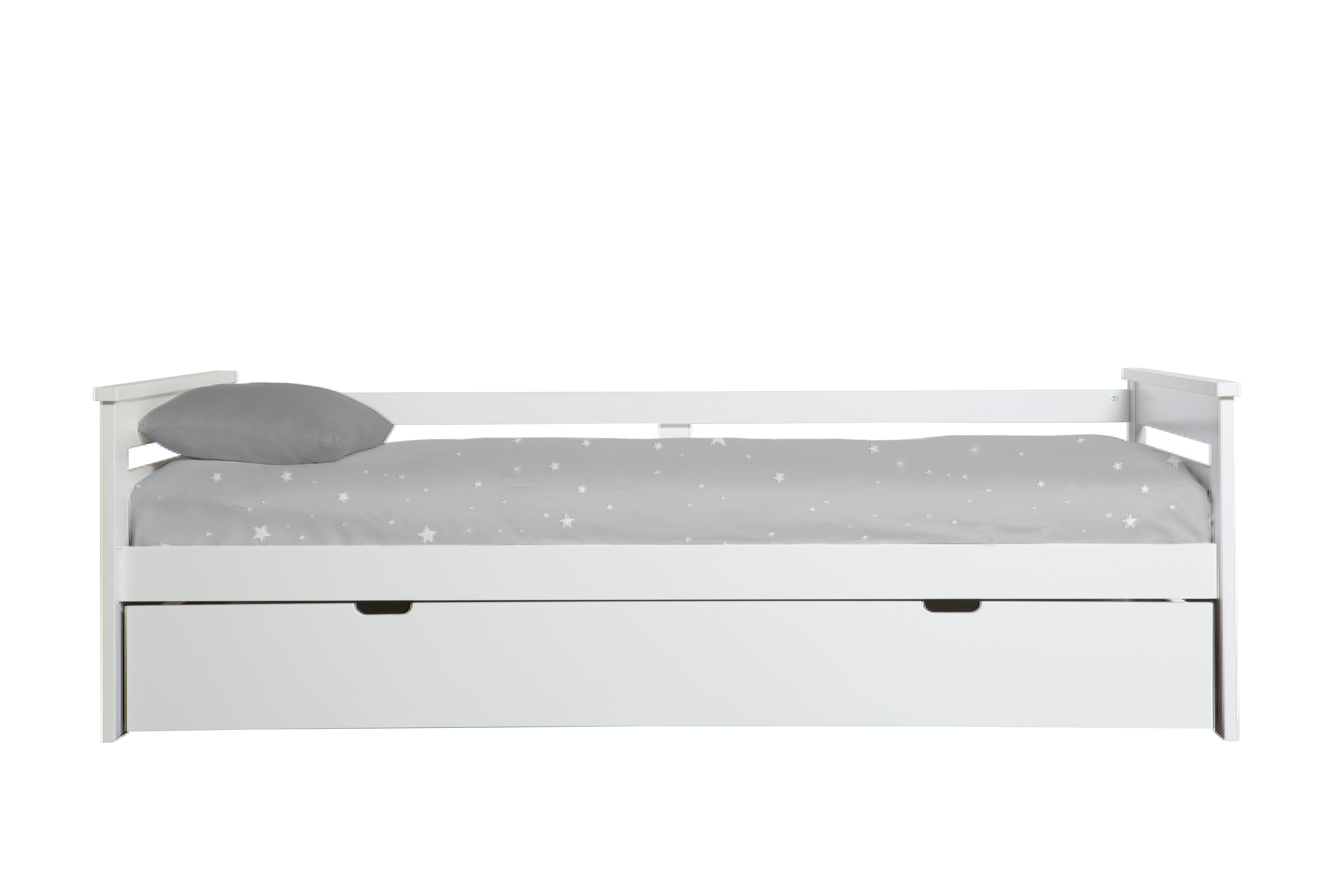 Cama Individual Blanca y Gris con Cama Oculta. Tablones de Madera Maciza y Estructura de Metal