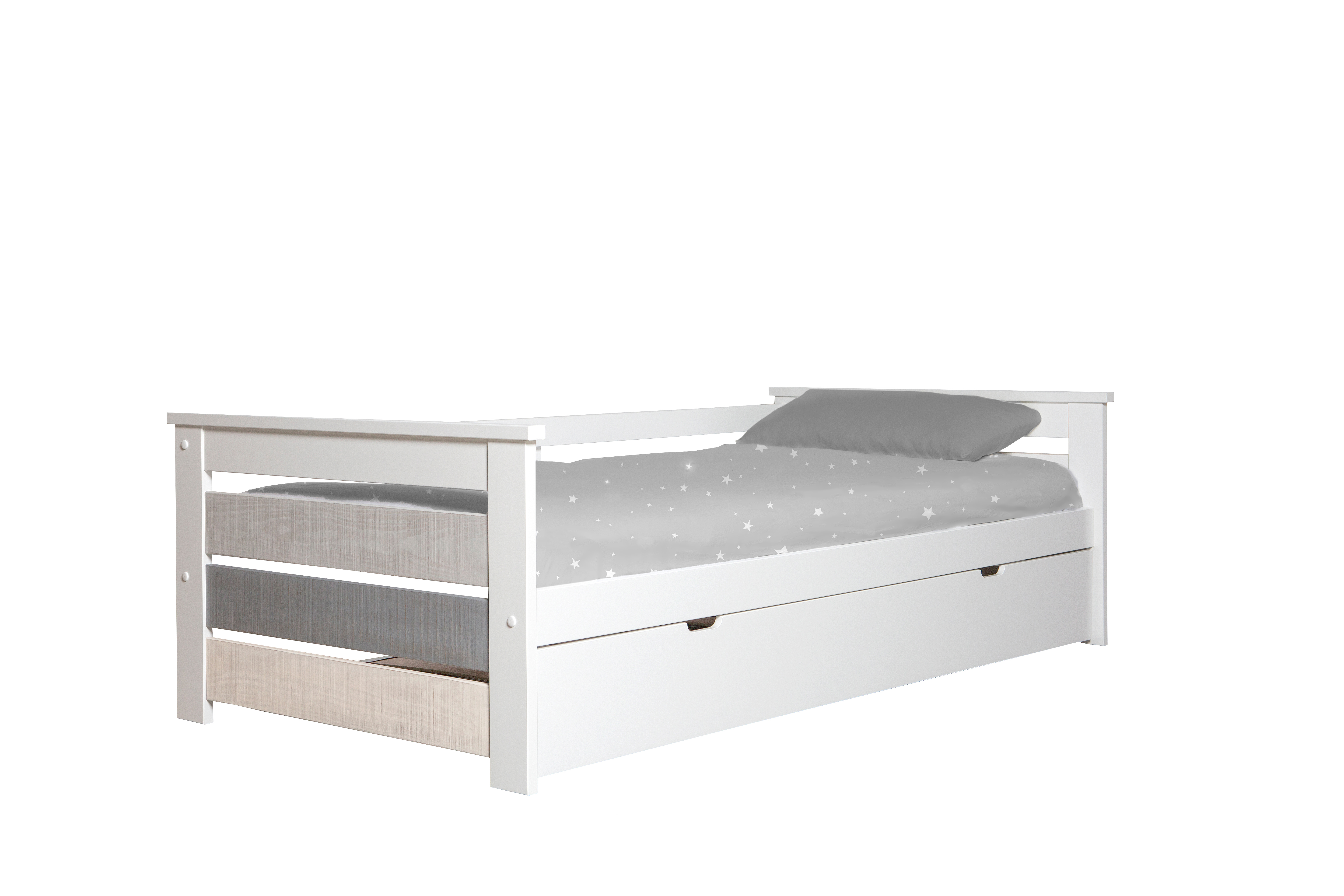 Cama Individual Blanca y Gris con Cama Oculta. Tablones de Madera Maciza y Estructura de Metal