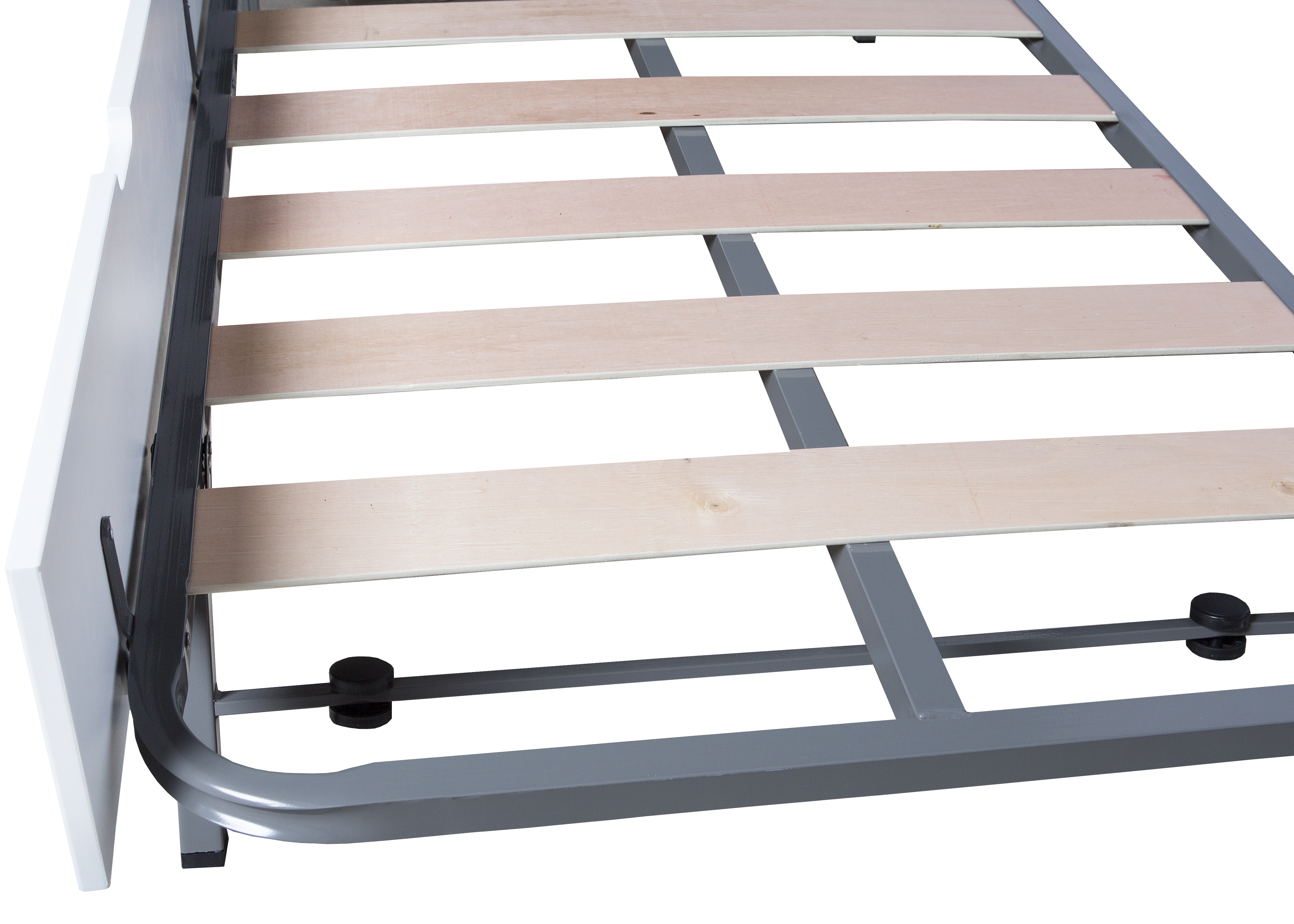 Cama Individual Blanca y Gris con Cama Oculta. Tablones de Madera Maciza y Estructura de Metal