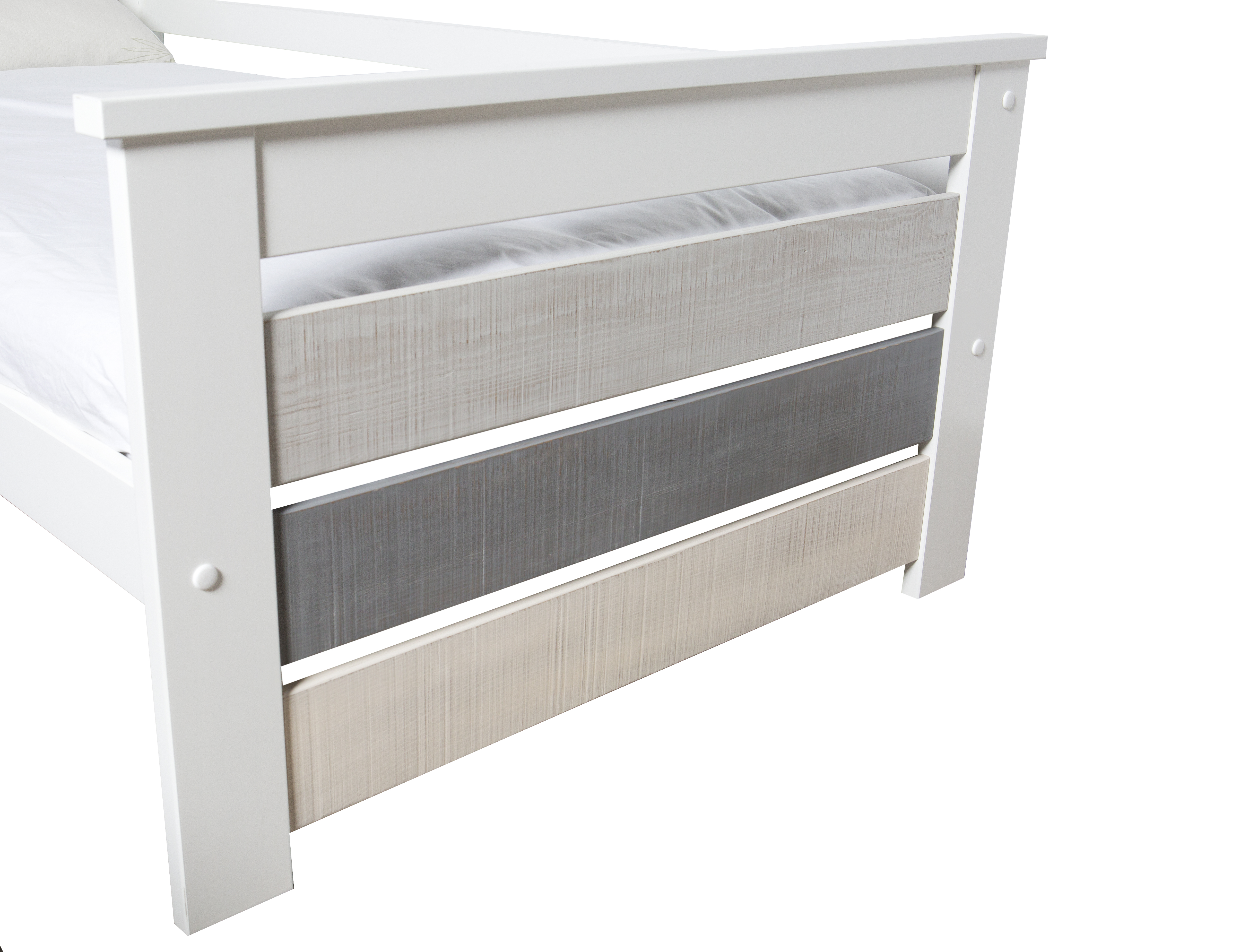 Cama Individual Blanca y Gris con Cama Oculta. Tablones de Madera Maciza y Estructura de Metal