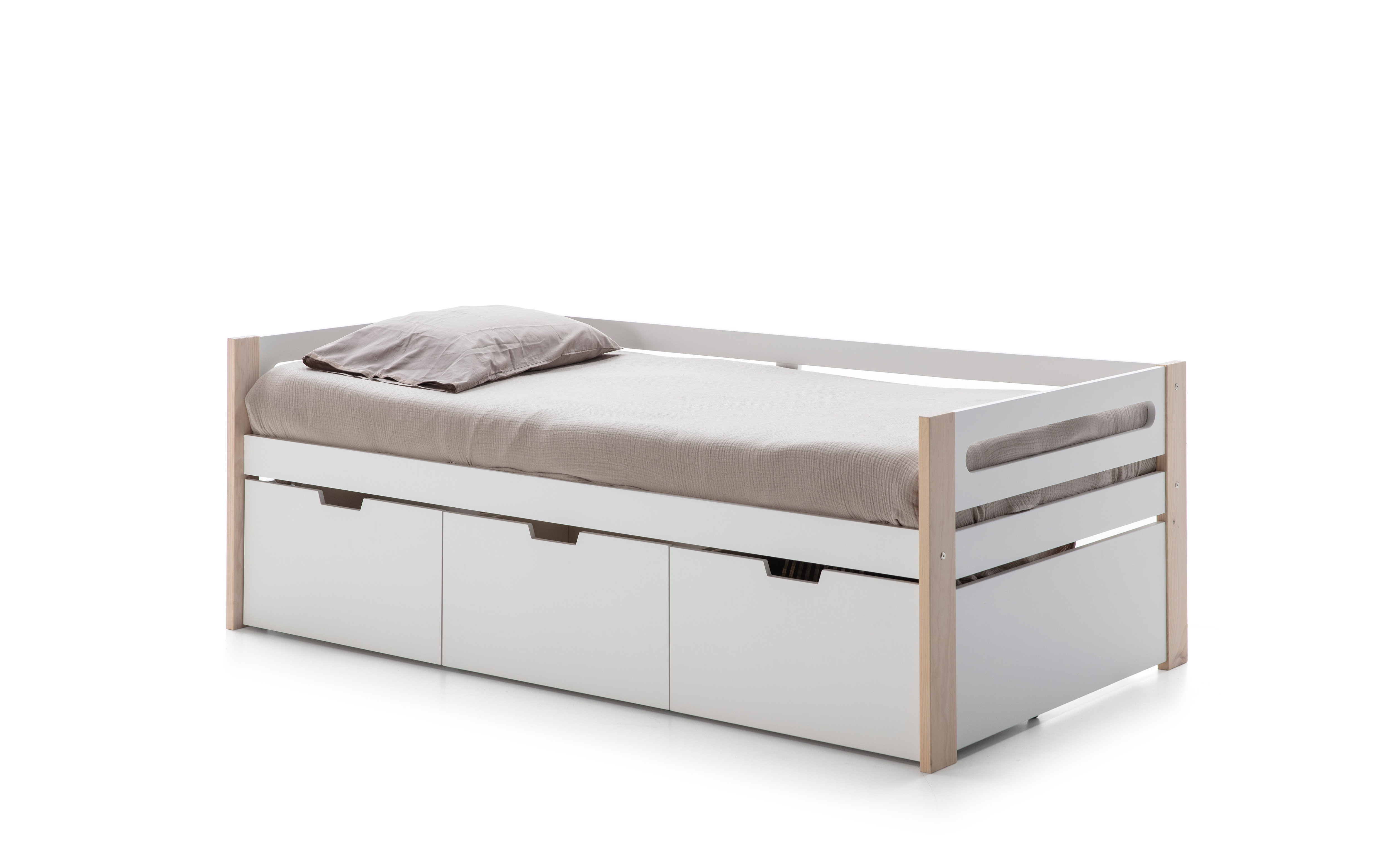 Cama Individual Blanca con Láminas de Pino Macizo con 3 Cajones y Estructura de Madera MDF