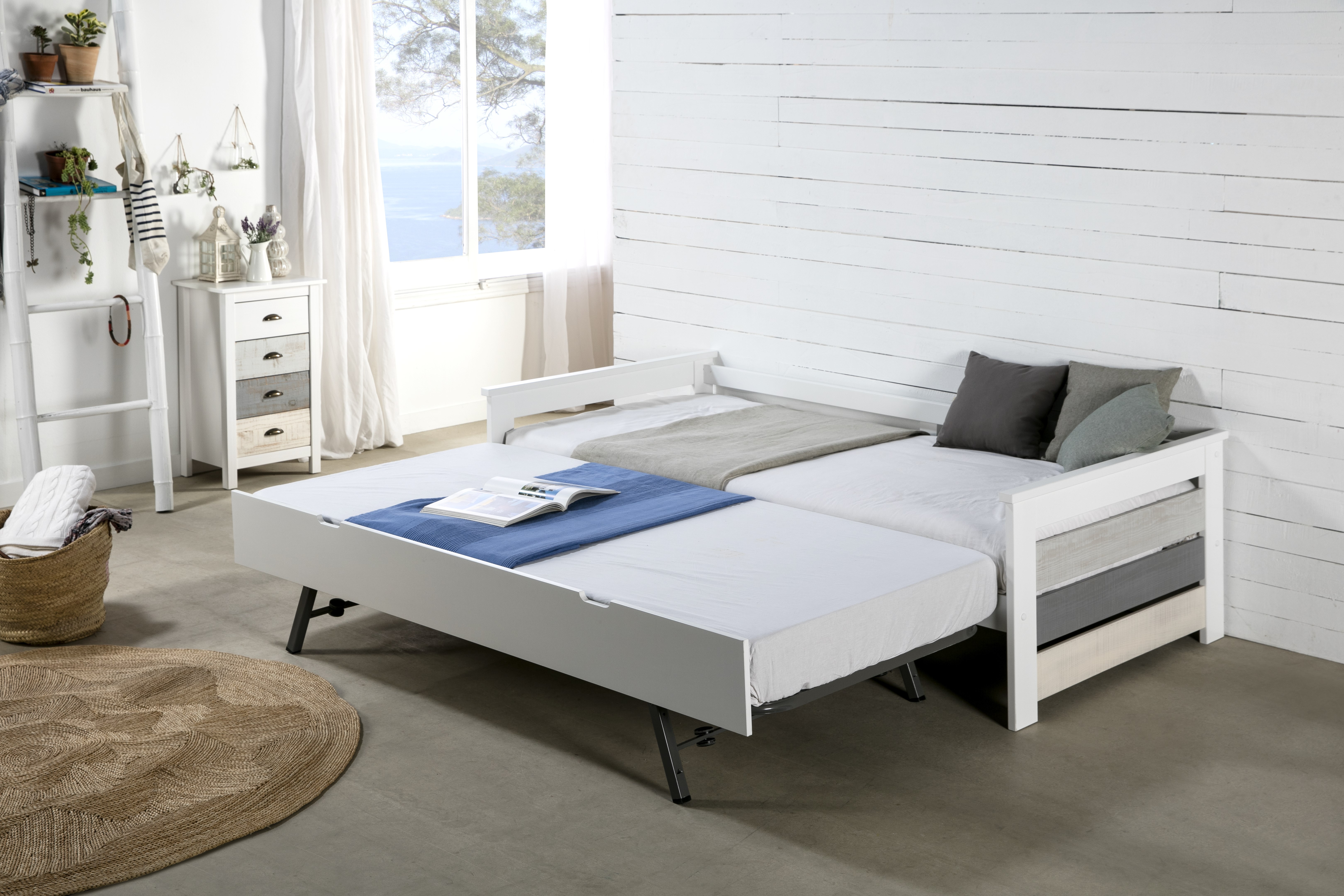 Cama Individual Blanca y Gris con Cama Oculta. Tablones de Madera Maciza y Estructura de Metal
