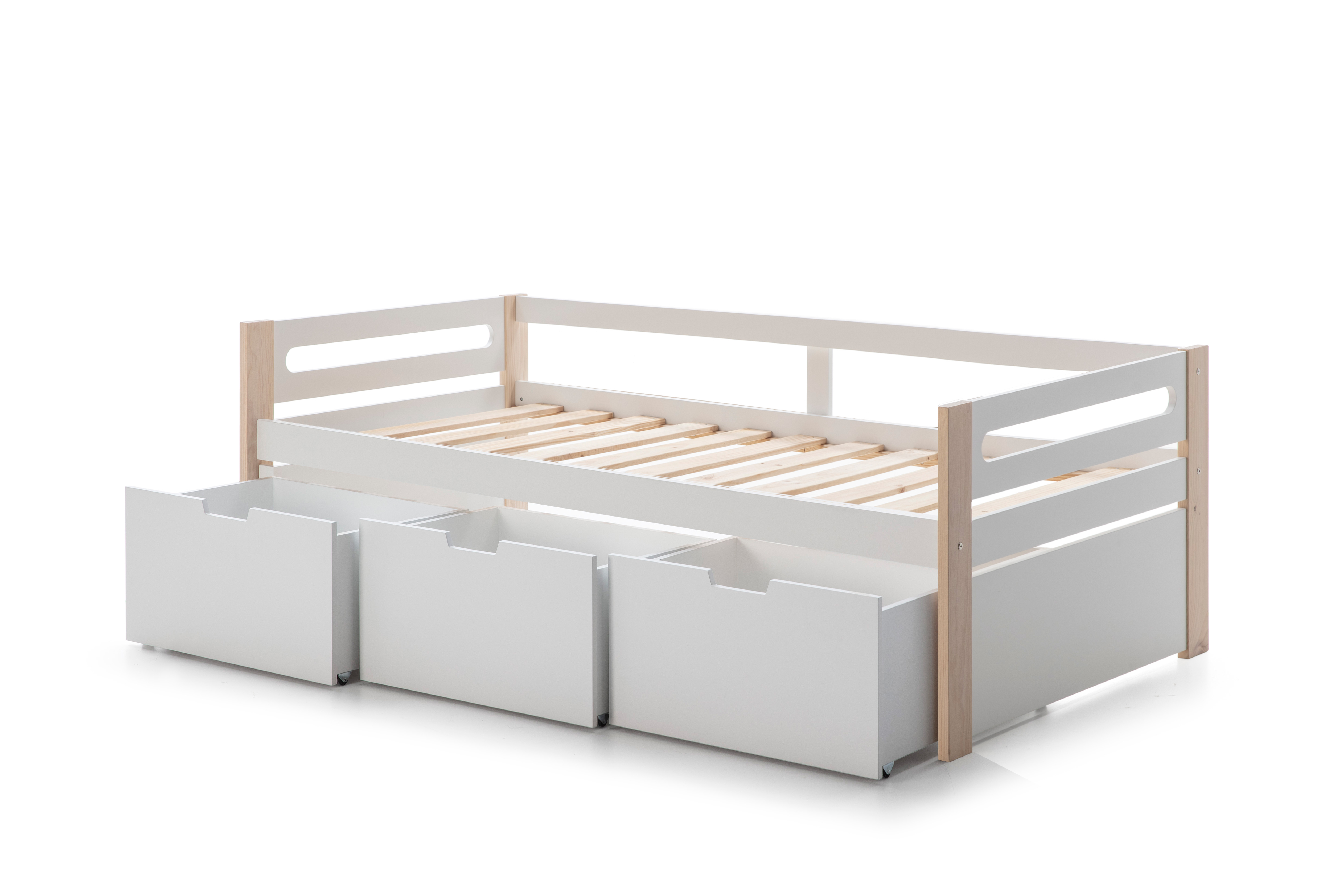 Cama Individual Blanca con Láminas de Pino Macizo con 3 Cajones y Estructura de Madera MDF