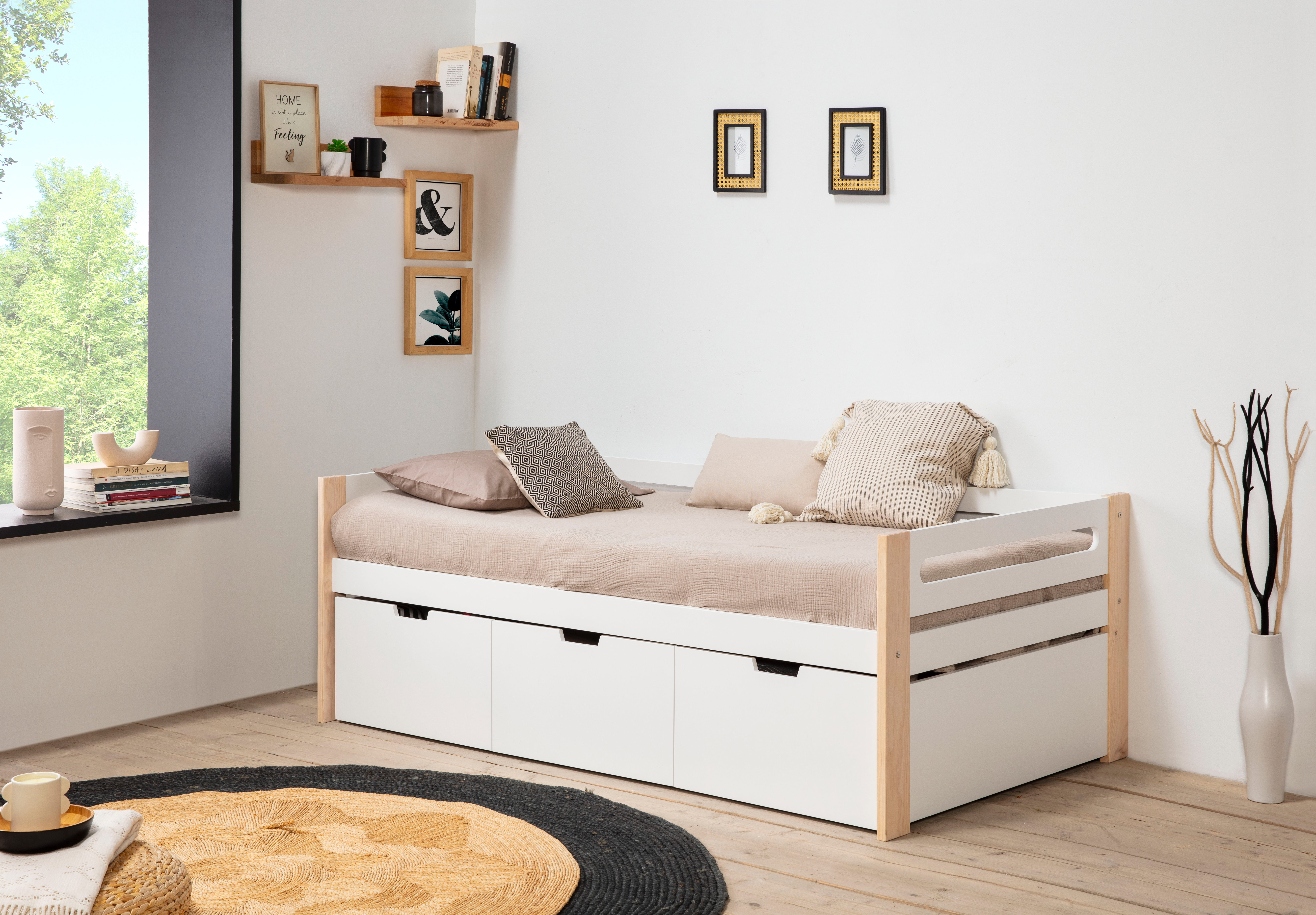 Cama Individual Blanca con Láminas de Pino Macizo con 3 Cajones y Estructura de Madera MDF