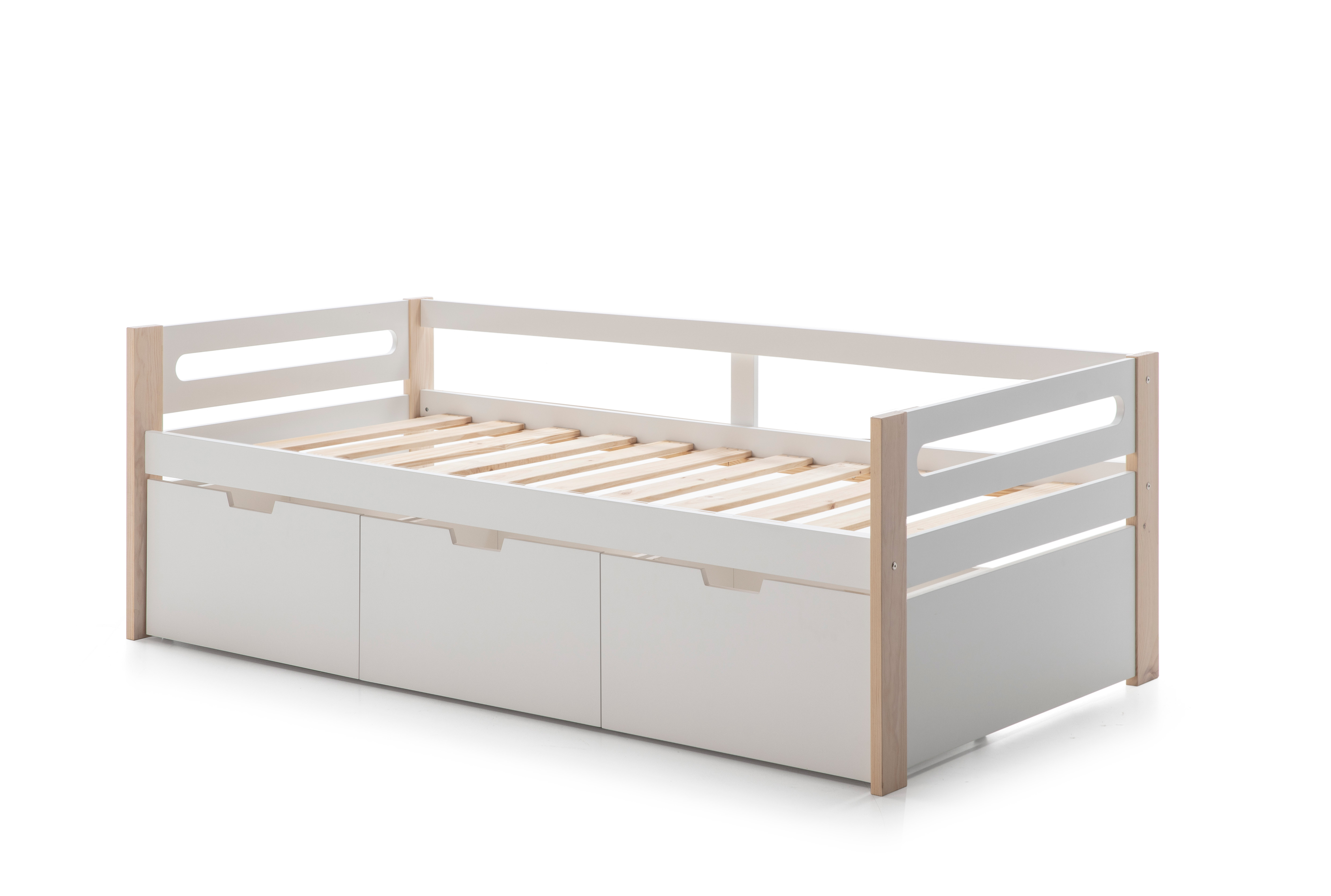 Cama Individual Blanca con Láminas de Pino Macizo con 3 Cajones y Estructura de Madera MDF