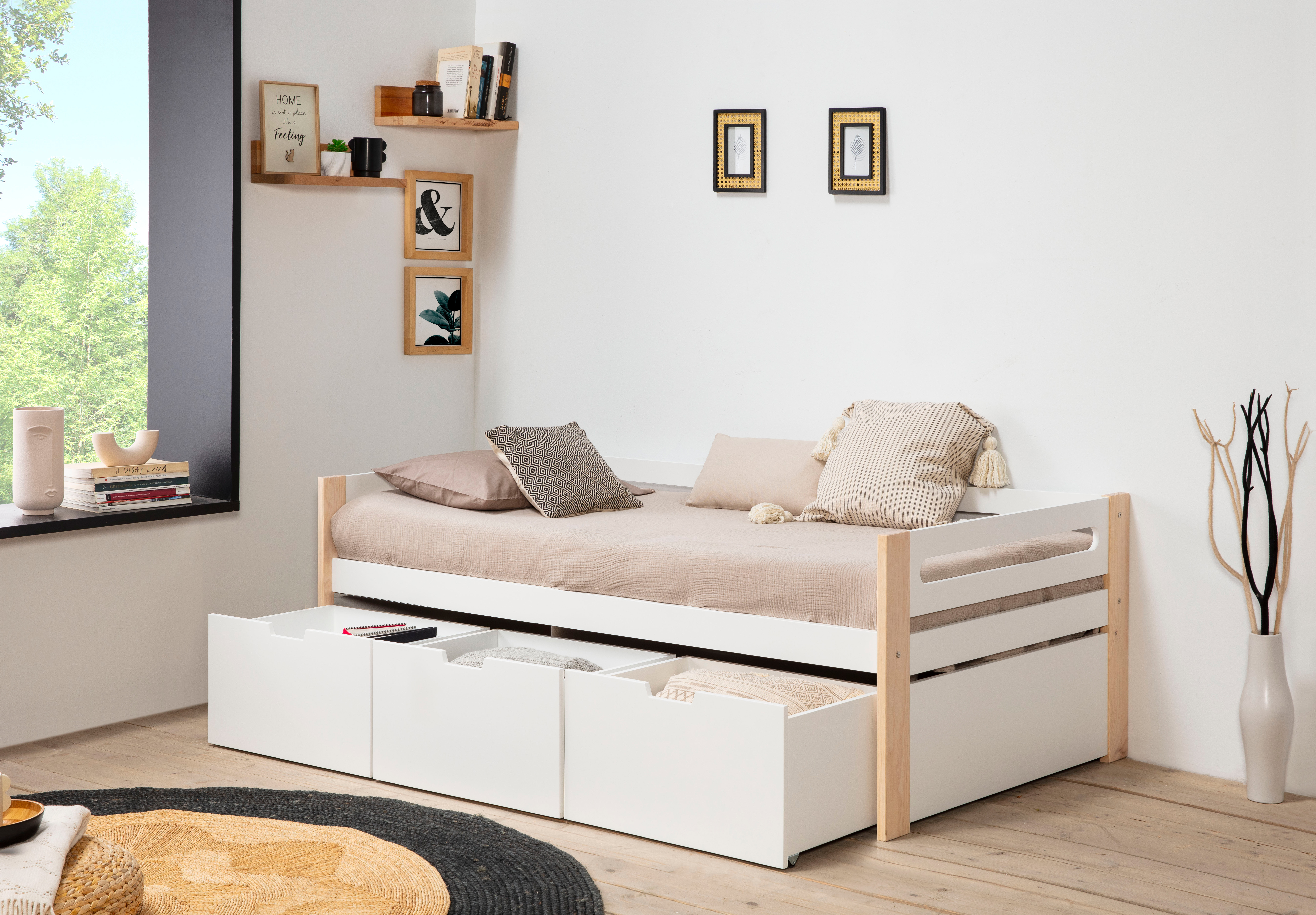 Cama Individual Blanca con Láminas de Pino Macizo con 3 Cajones y Estructura de Madera MDF