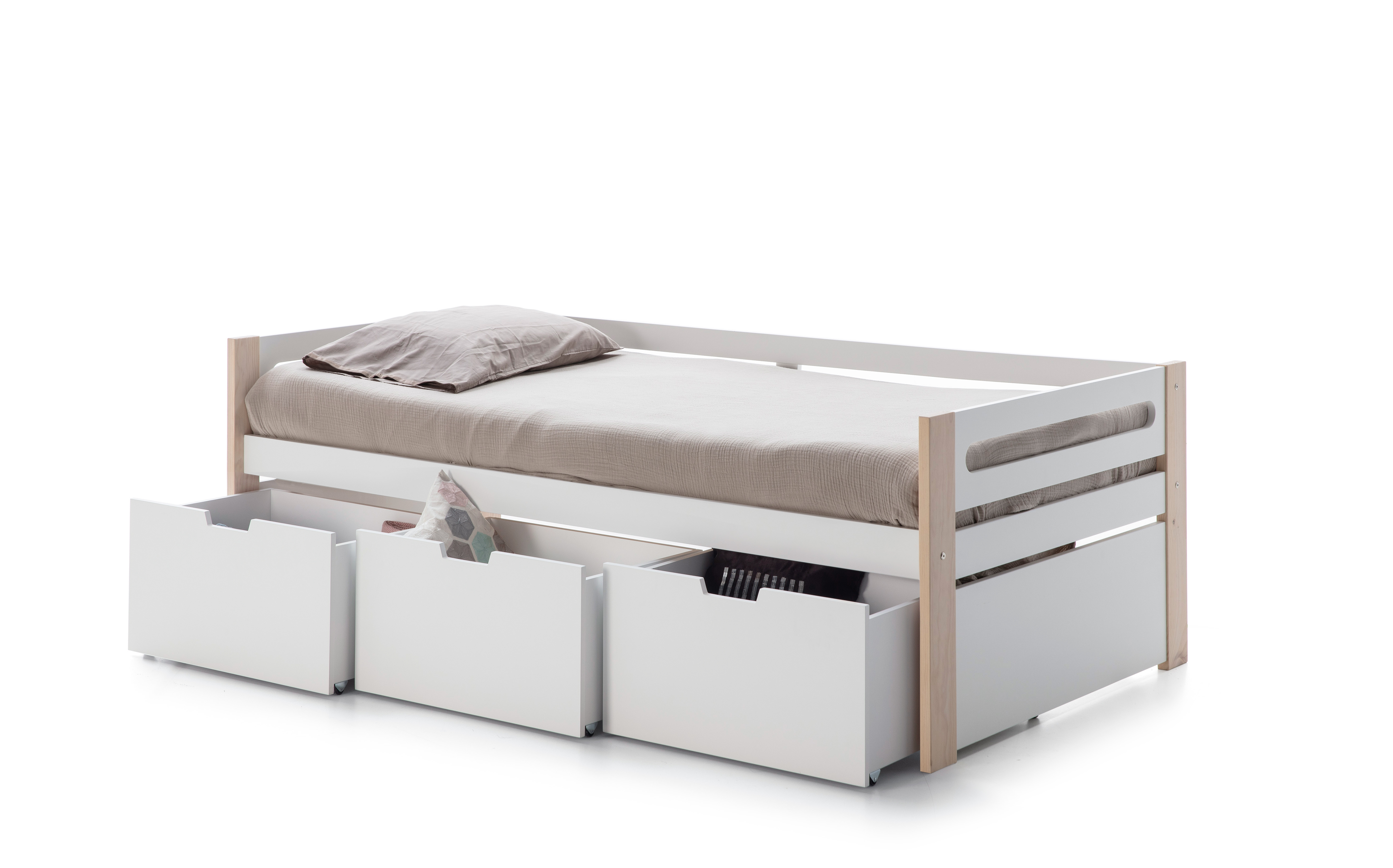 Cama Individual Blanca con Láminas de Pino Macizo con 3 Cajones y Estructura de Madera MDF