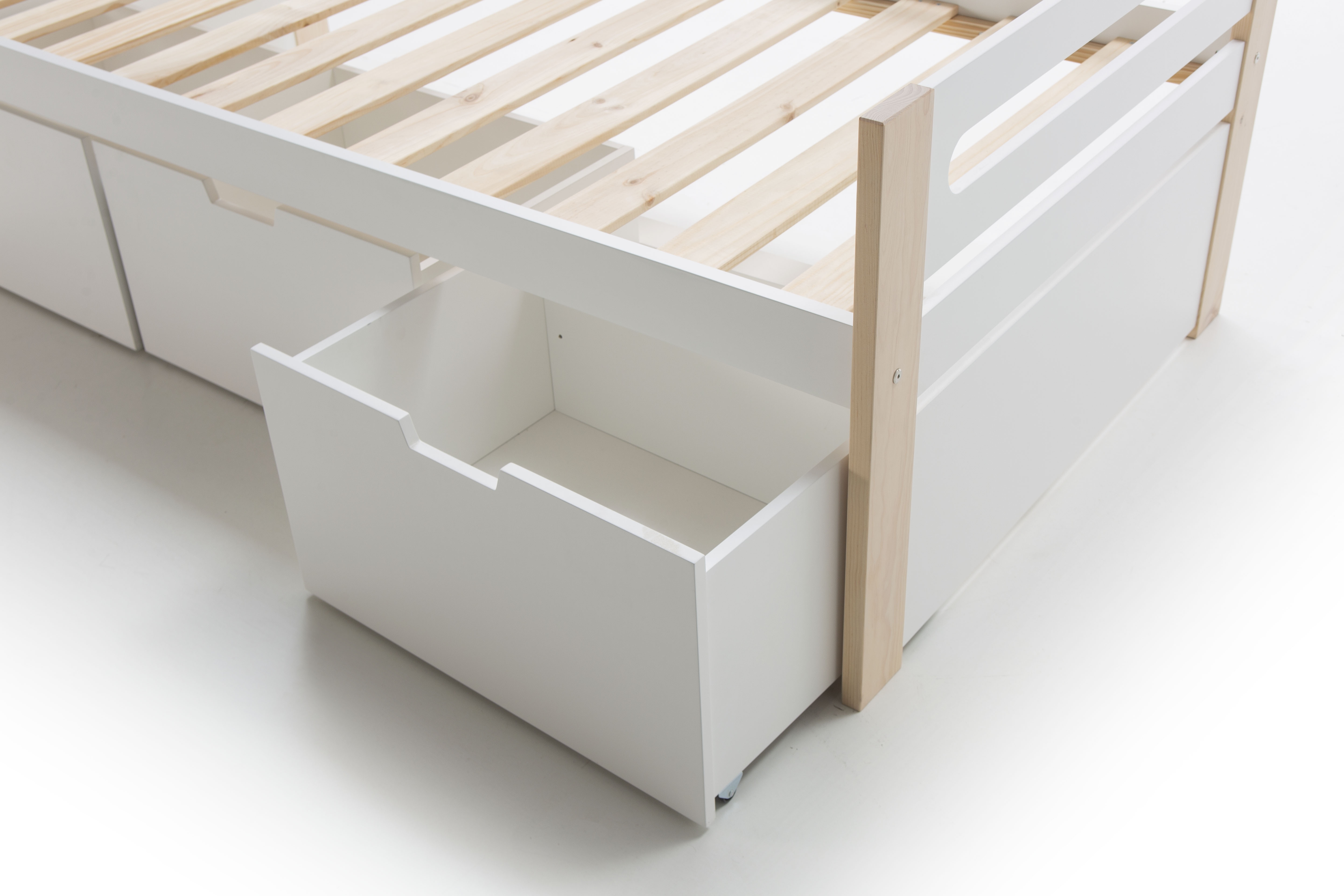 Cama Individual Blanca con Láminas de Pino Macizo con 3 Cajones y Estructura de Madera MDF