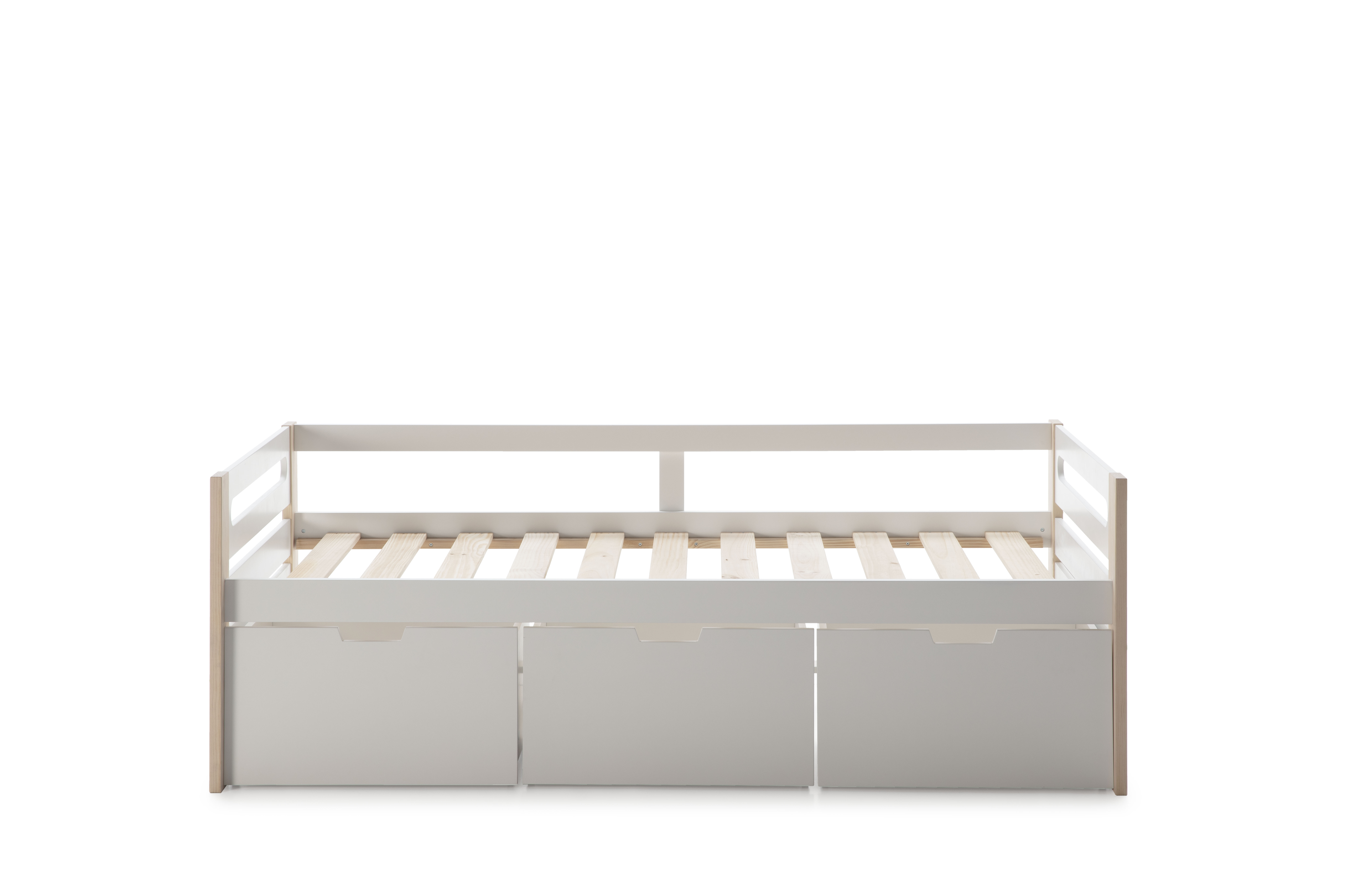 Cama Individual Blanca con Láminas de Pino Macizo con 3 Cajones y Estructura de Madera MDF
