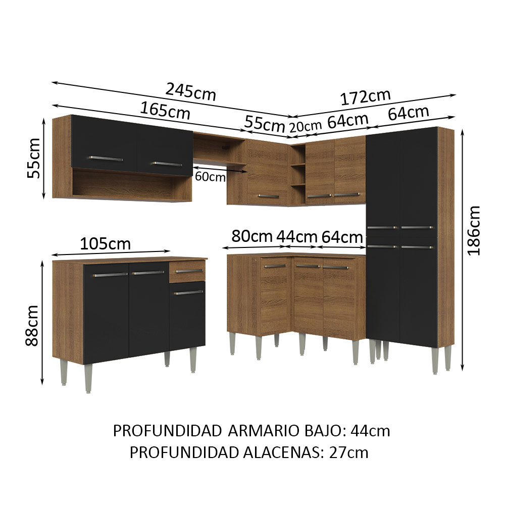 Cocina Integral de Esquina 417cm Madesa Emilly NM 02