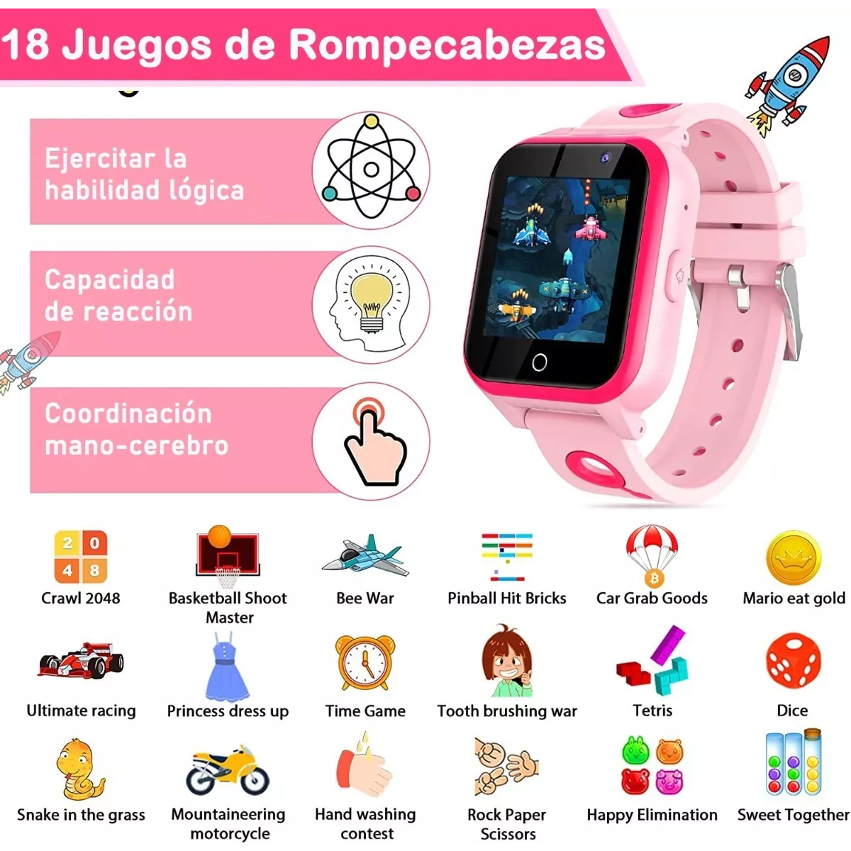 Reloj Inteligente Para Niños Con Música Y Cámara Y 18 Juegos Rosa