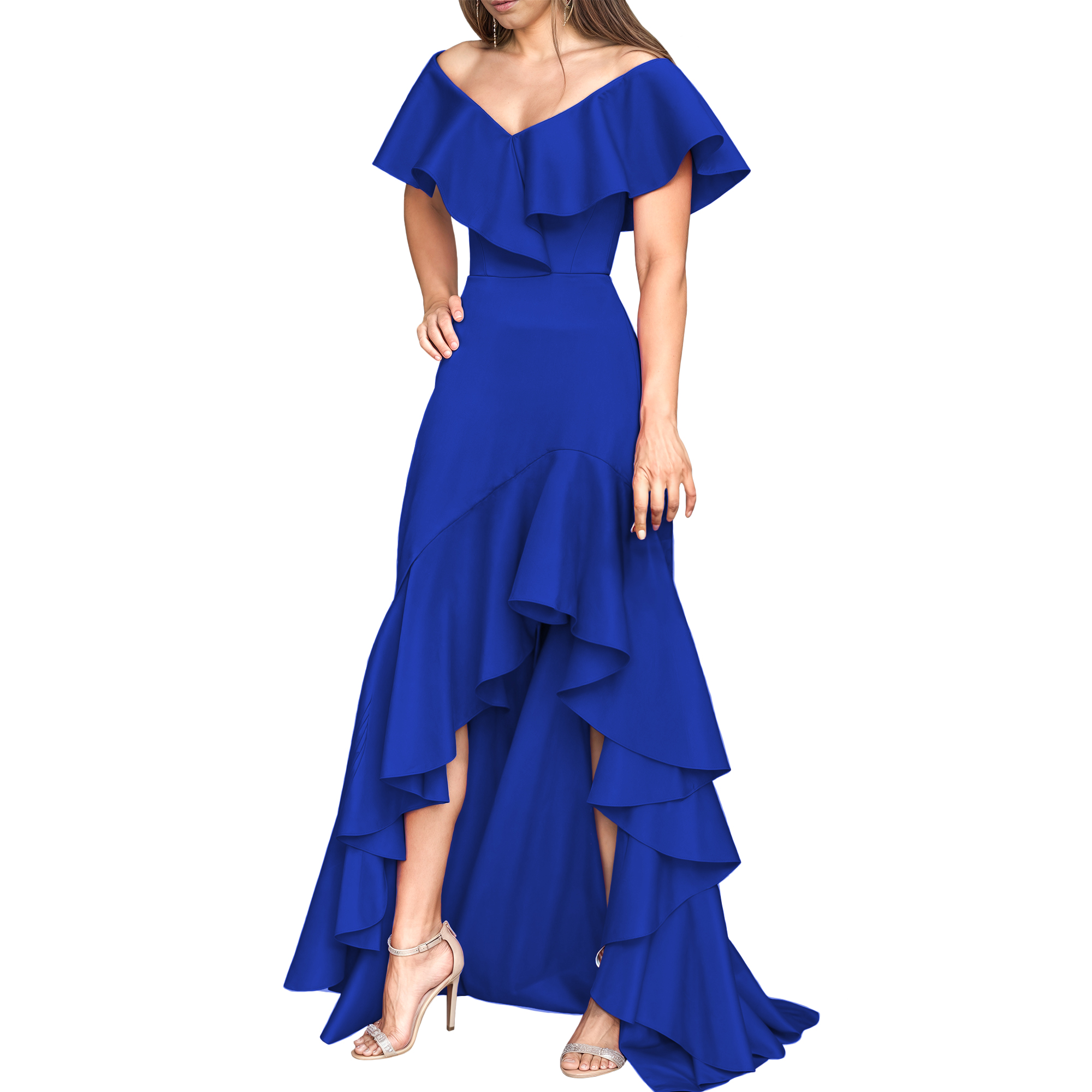 Vestido strapless elegante fiesta noche medio dama mujer xally 25D hombros caidos escote V olanes