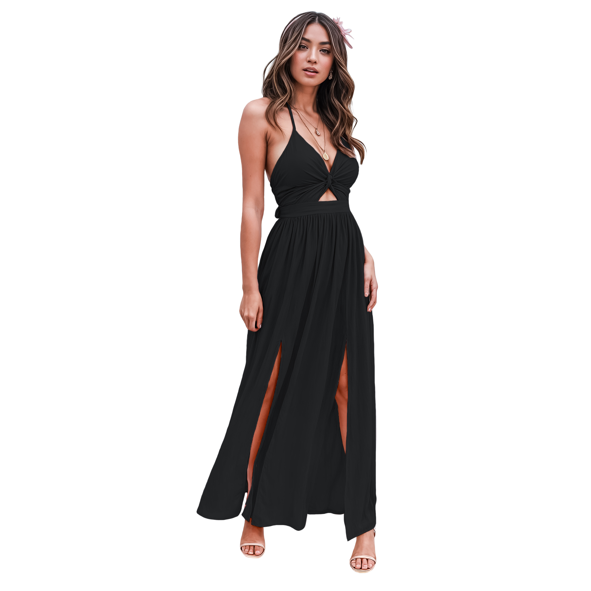Maxi vestido slip casual elegante fresco ligero largo playa dama mujer Xally 10D tirante frente moño falda corta de fondo aberturas