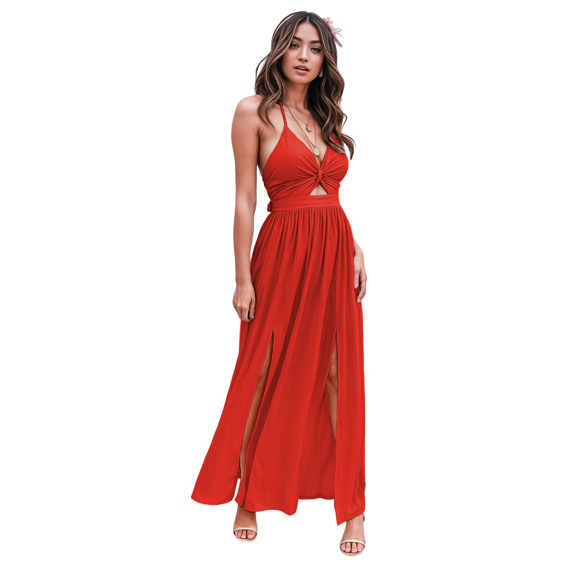 Maxi vestido slip casual elegante fresco ligero largo playa dama mujer Xally 10D tirante frente moño falda corta de fondo aberturas