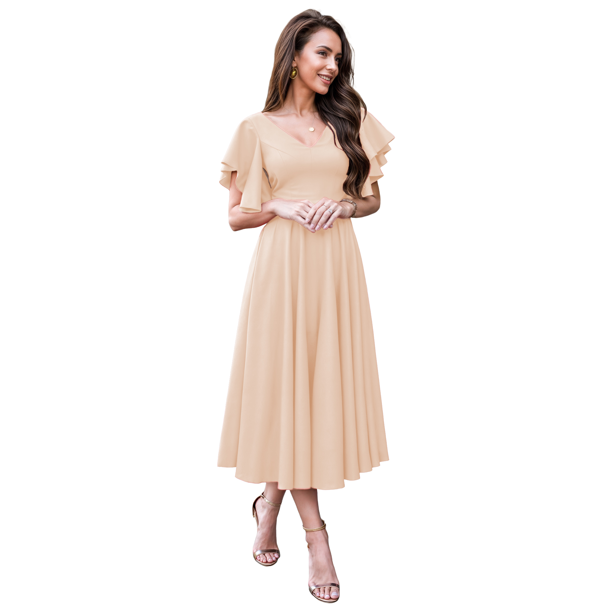 Vestido imperio casual elegante noche medio, dama mujer xally 2301 escote V manga mariposa.