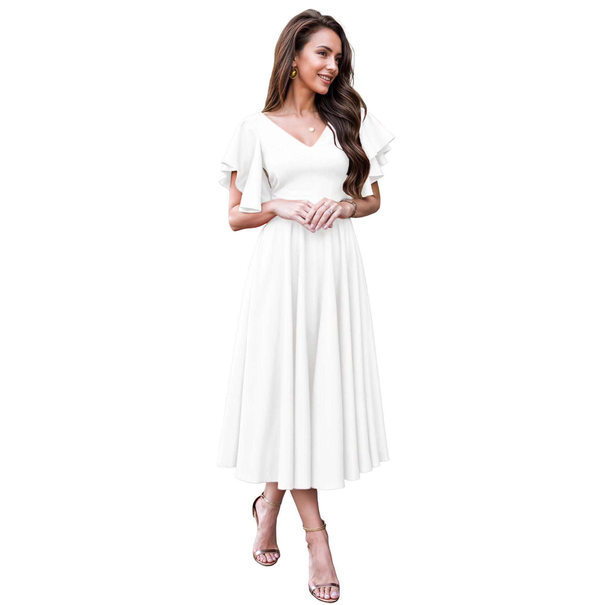 Vestido imperio casual elegante noche medio, dama mujer xally 2301 escote V manga mariposa.