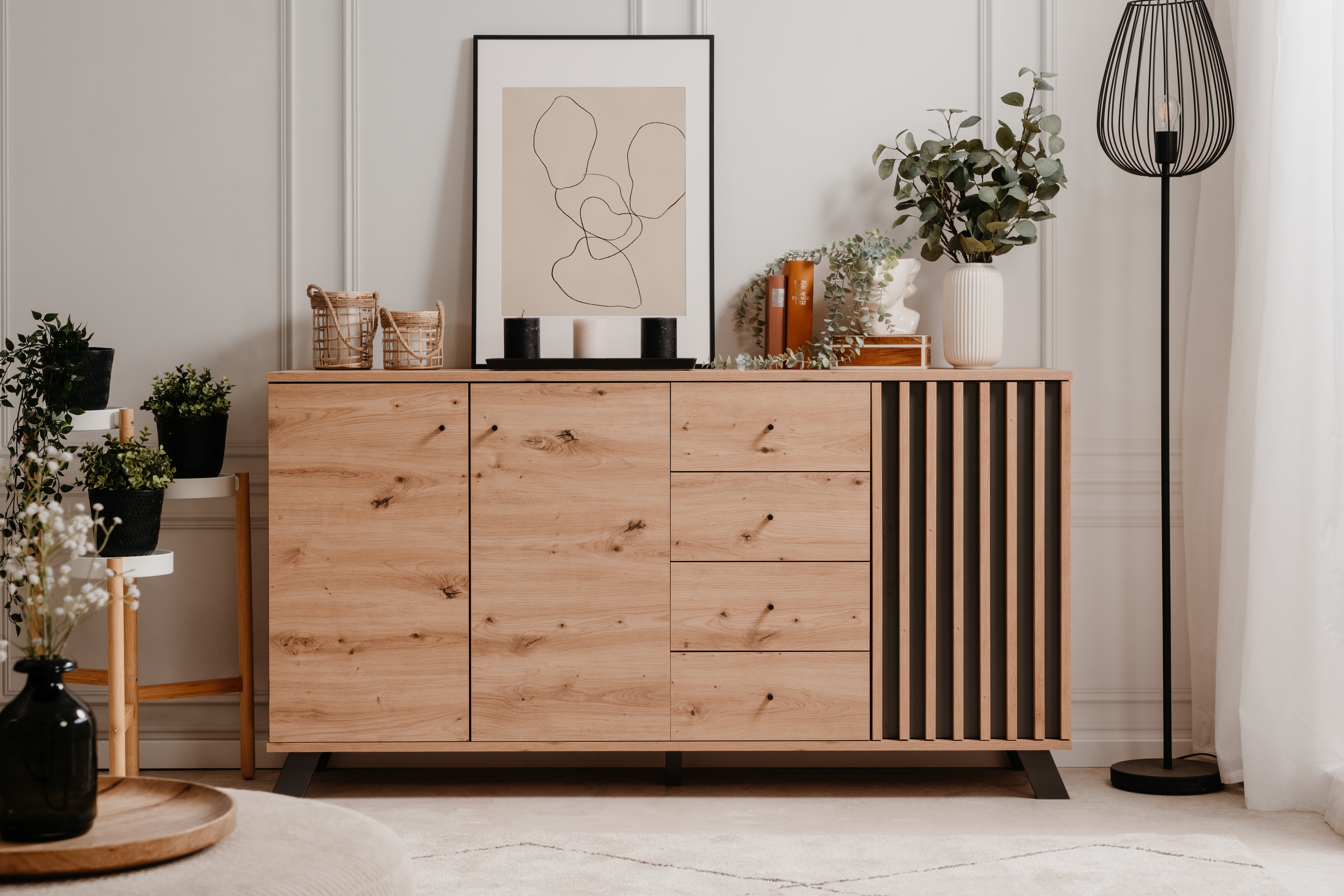 Credenza Roble y Gris Oscuro con 4 Cajones y 3 Puertas con Entrepaños Hecha de Madera Industrial