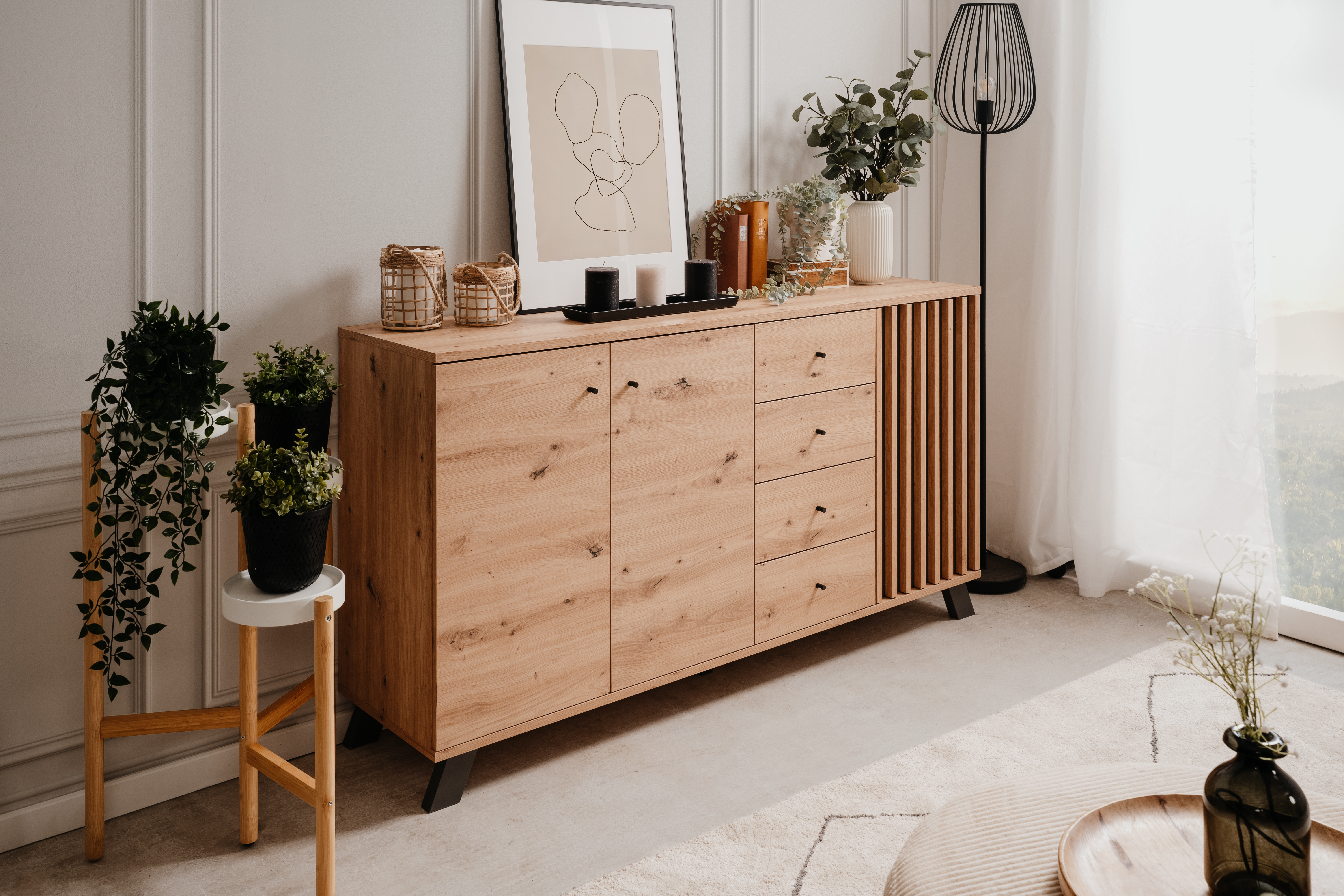 Credenza Roble y Gris Oscuro con 4 Cajones y 3 Puertas con Entrepaños Hecha de Madera Industrial