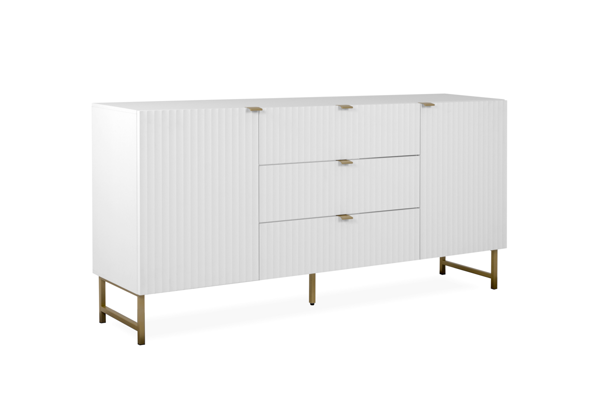 Credenza Blanca con 3 Cajones y 2 Puertas Hecha de Madera Industrial y Base de Metal