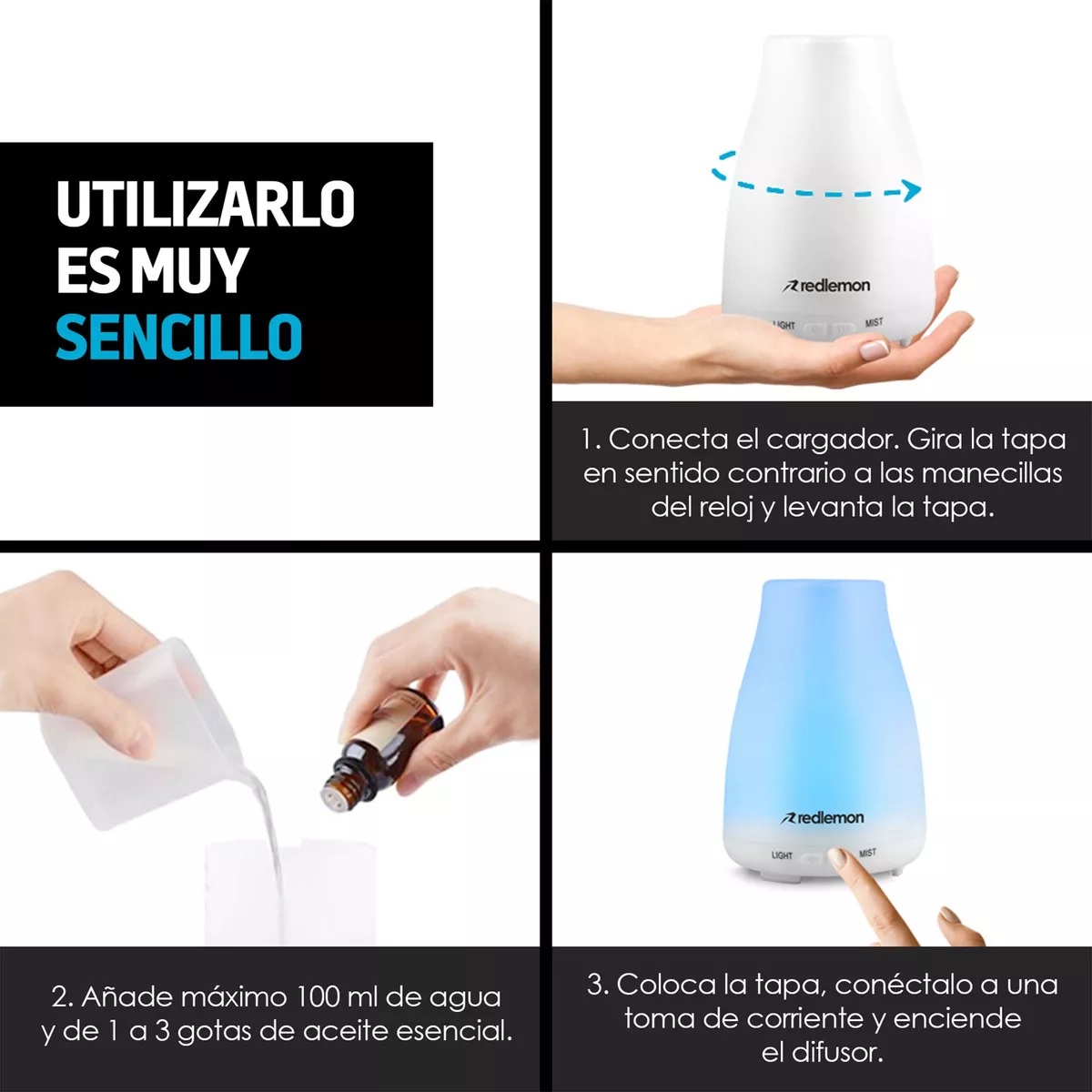 Difusor de Aceites Esenciales y Aromaterapia, con 7 Luces LED, 100ml.