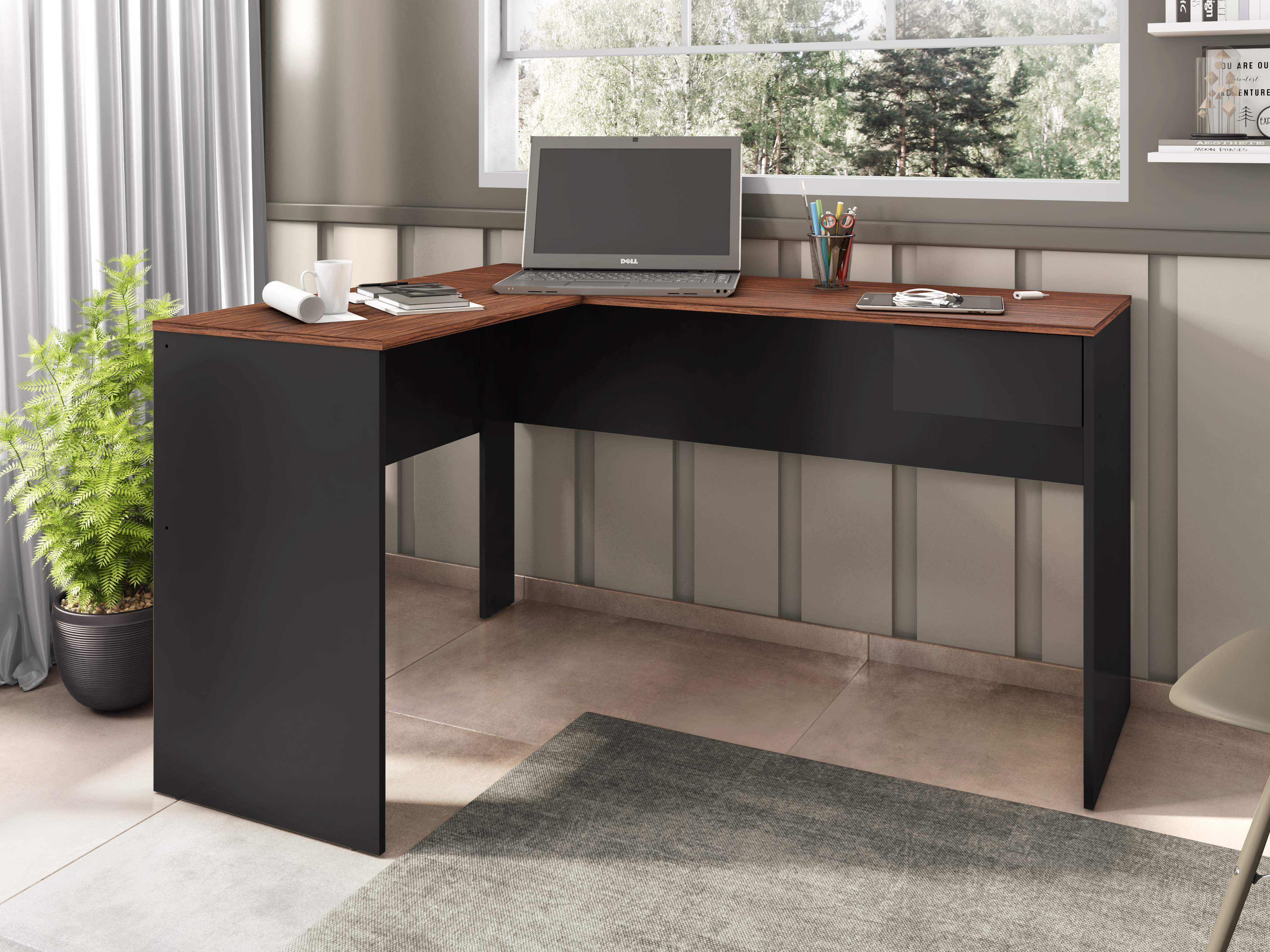 Escritorio Esquinero de Oficina Color Negro y Nogal con 1 Cajón y Estructura de Madera Procesada
