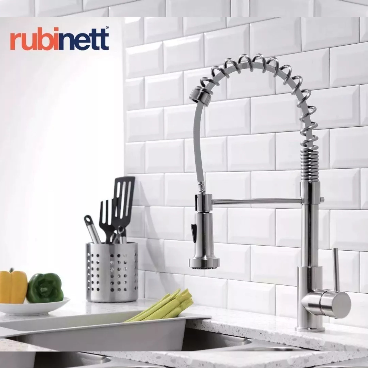 Llave Monomando Fregadero O Tarja Cocina Resorte Retractil Rubinett Acero Inoxidable 304 Industrial Cromado