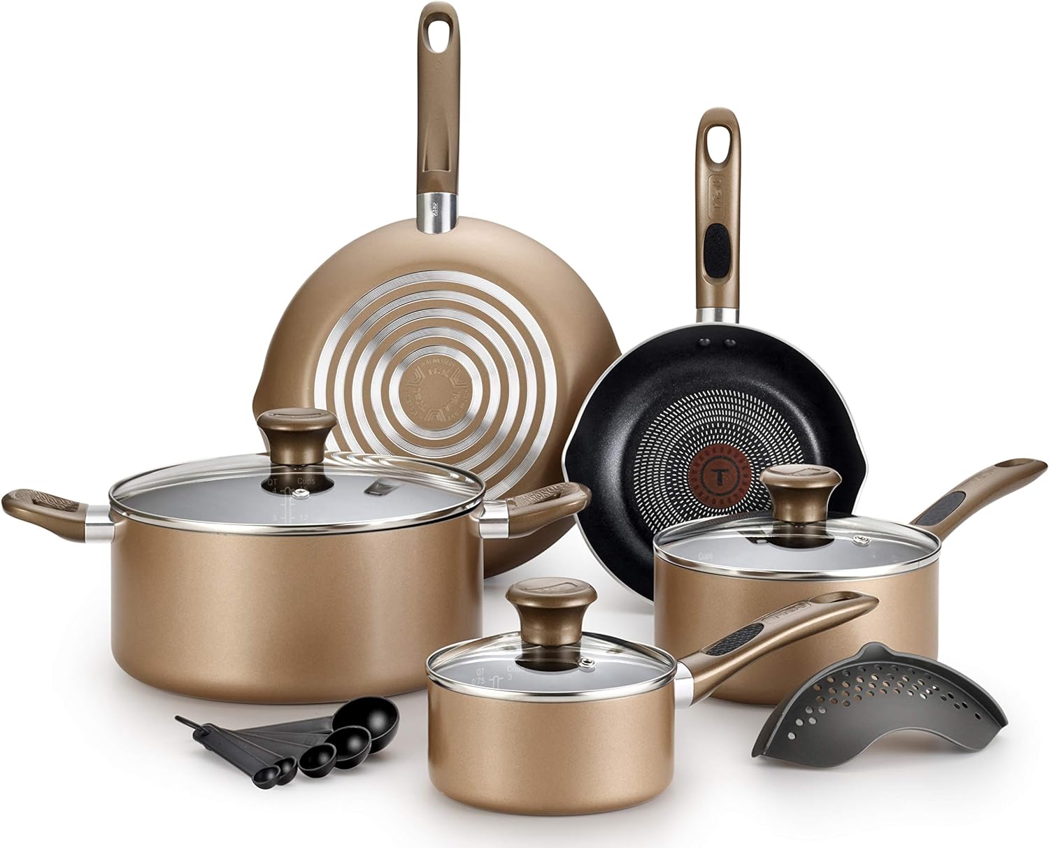 T-fal Batería de Cocina de 14 Piezas Excite, Antiadherente Proglide, Tecnología Thermo-Spot, Difussion Base, Incluye Escurridor y Juego de 5 Cucharas Medidoras, B036SE64