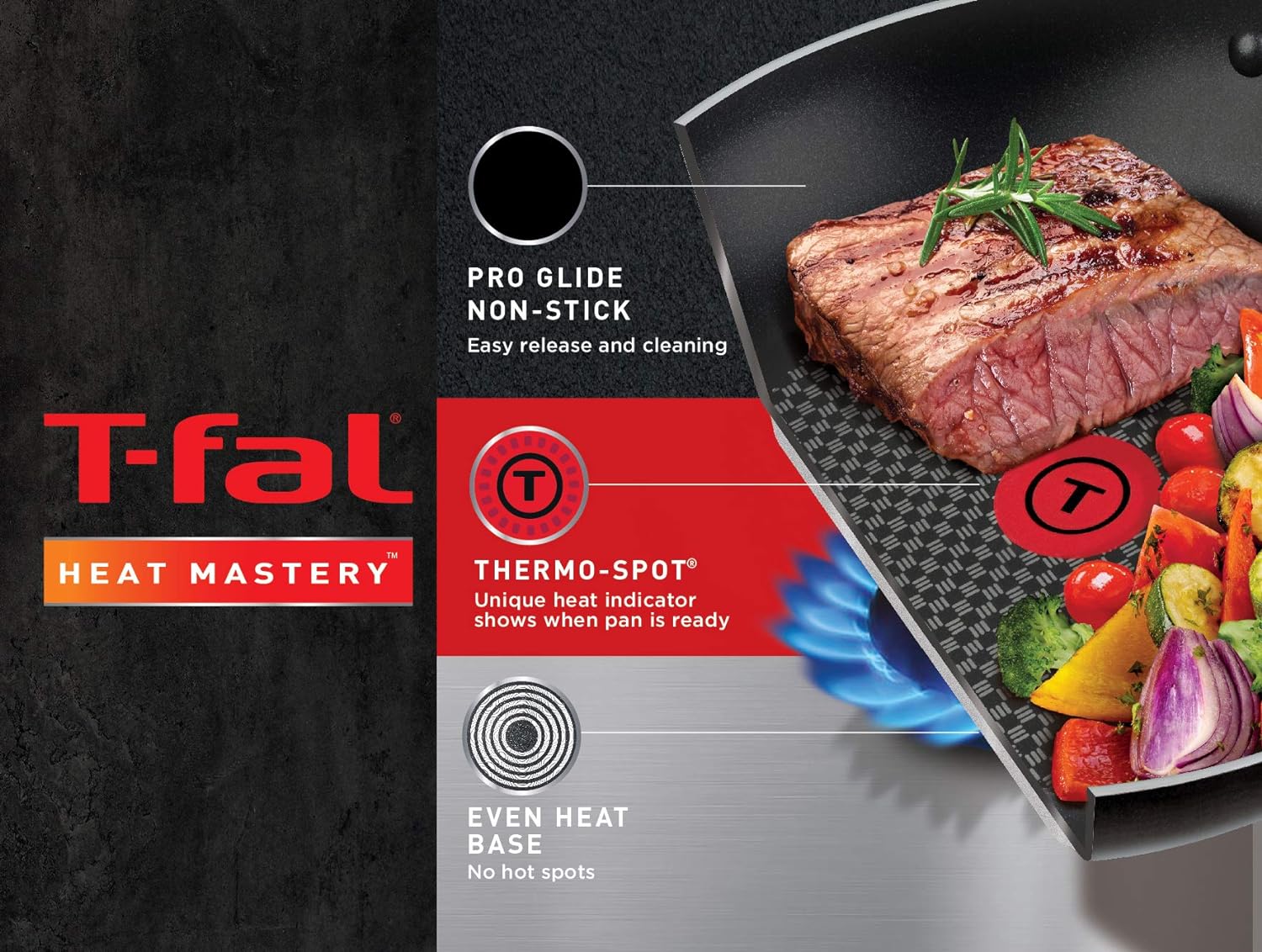 T-fal Batería de Cocina de 14 Piezas Excite, Antiadherente Proglide, Tecnología Thermo-Spot, Difussion Base, Incluye Escurridor y Juego de 5 Cucharas Medidoras, B036SE64