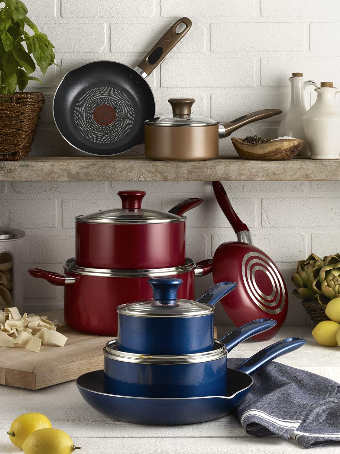 T-fal Batería de Cocina de 14 Piezas Excite, Antiadherente Proglide, Tecnología Thermo-Spot, Difussion Base, Incluye Escurridor y Juego de 5 Cucharas Medidoras, B036SE64