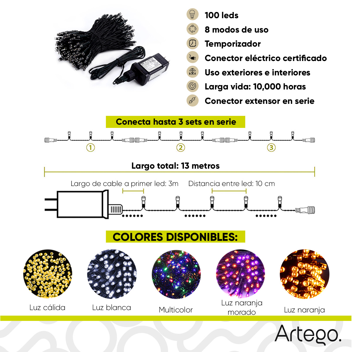 Luces serie 100 led interior exterior Decoración Navidad eventos bodas LED christmas string lights con temporizador Artego