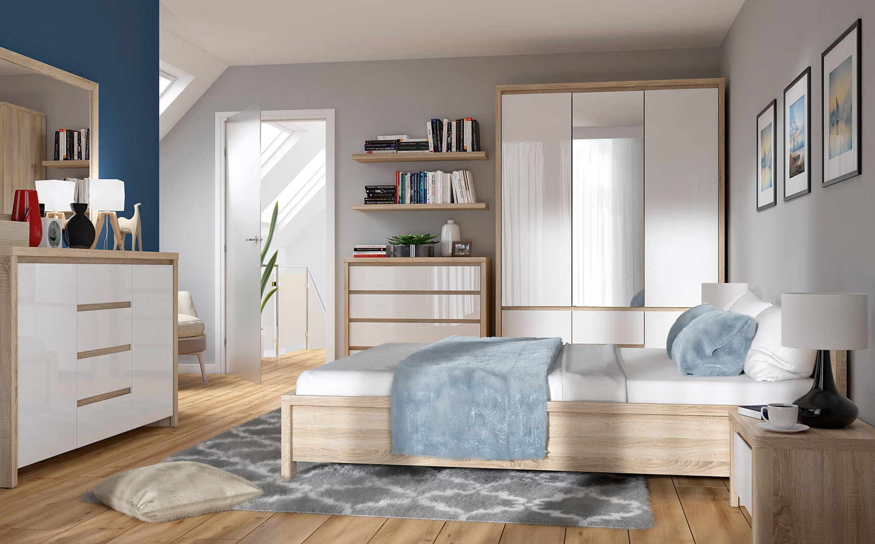 Cómoda Color Blanco y Madera con 5 Cajones y Estructura de Madera Industrial