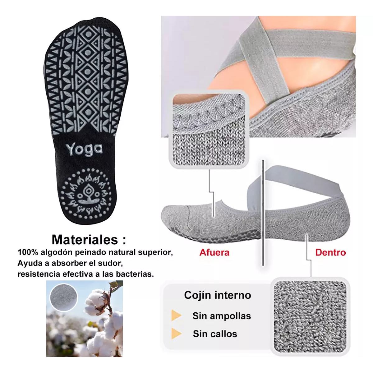 Calcetines De Yoga Danza Pilates Antiderrapantes 5 Pares Black+Gray