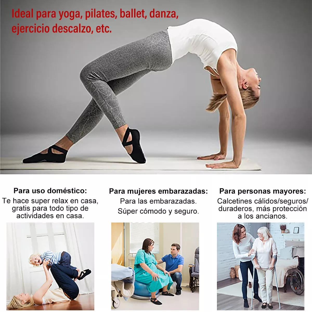 Calcetines De Yoga Danza Pilates Antiderrapantes 5 Pares Black+Gray