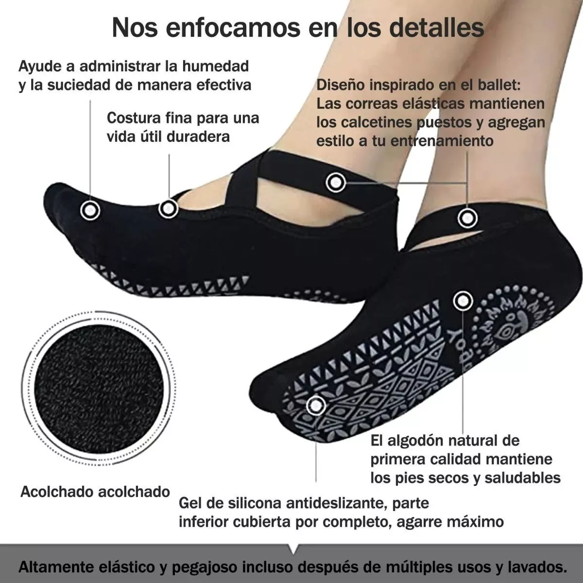 Calcetines De Yoga Danza Pilates Antiderrapantes 5 Pares Black+Gray