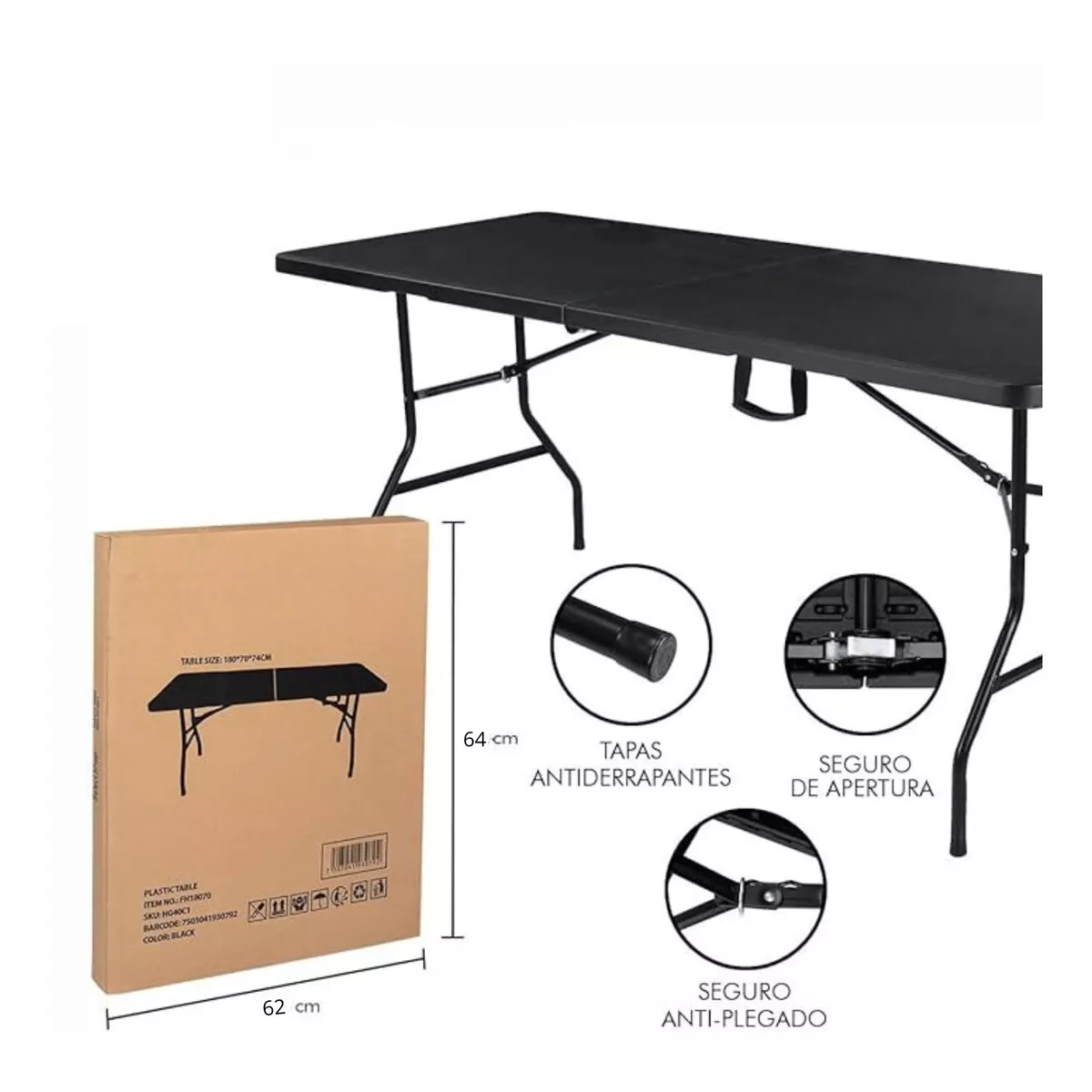 Mesa Jardin Negra Plegable Plástico Para Exterior 122x74x60
