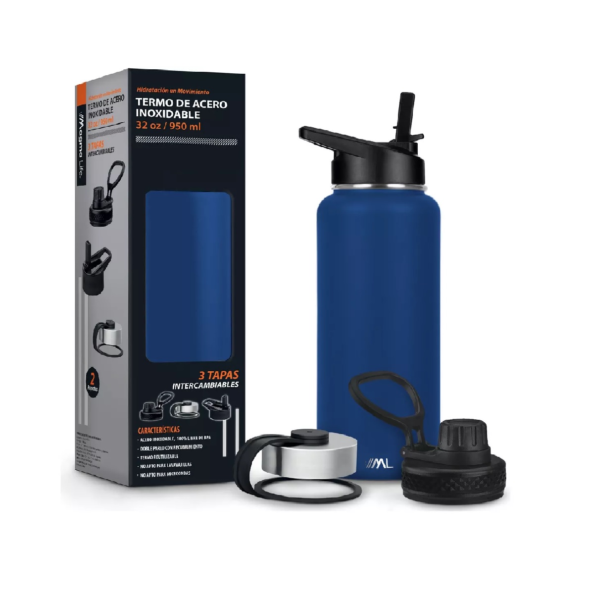 Termo Para Café Y Agua 3 Tapas 32 Oz 950 Ml Azul Marino