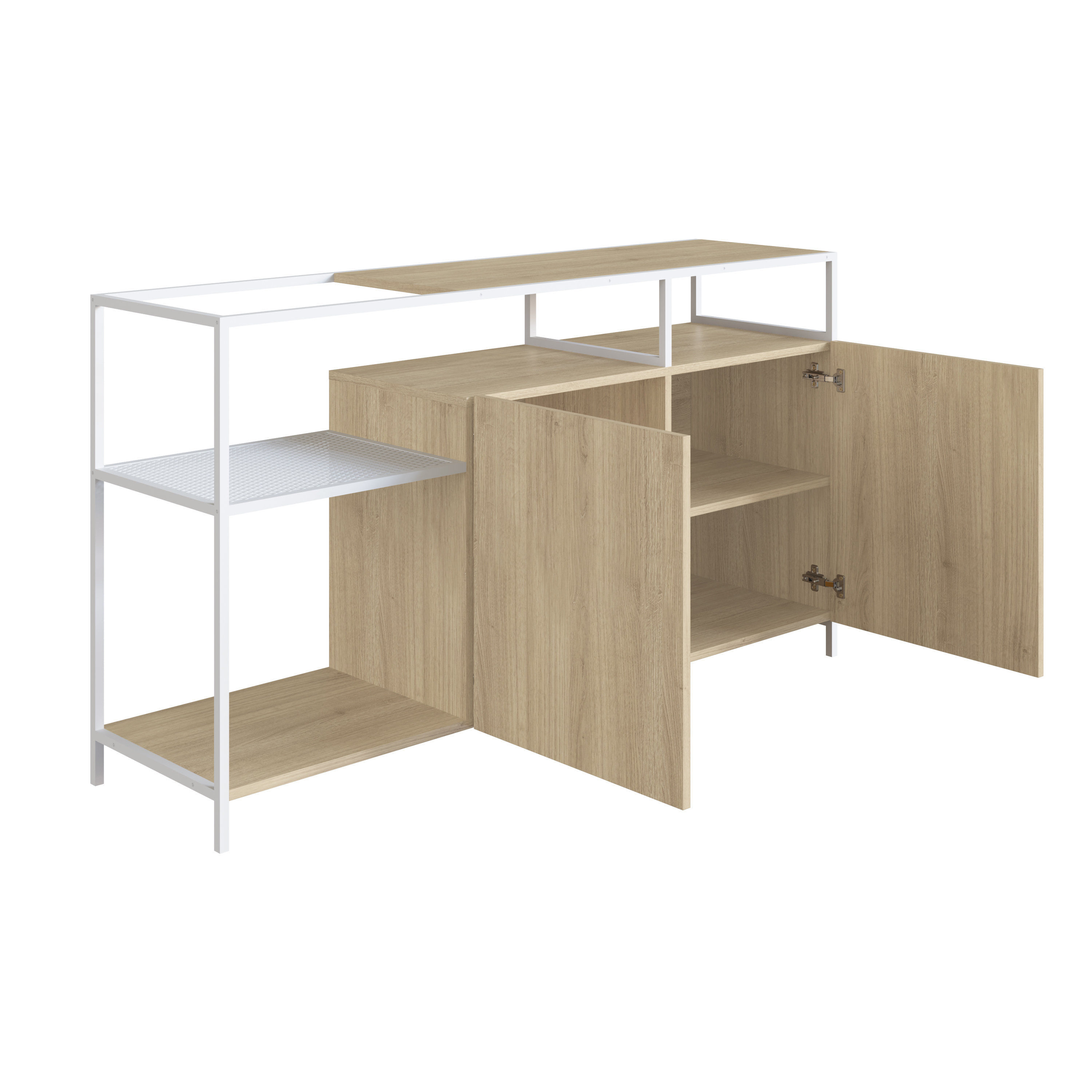 Buffete Bar Color Blanco y Madera con 6 Espacios de Almacenaje, Estructura Metálica y Tableros de Madera Industrial